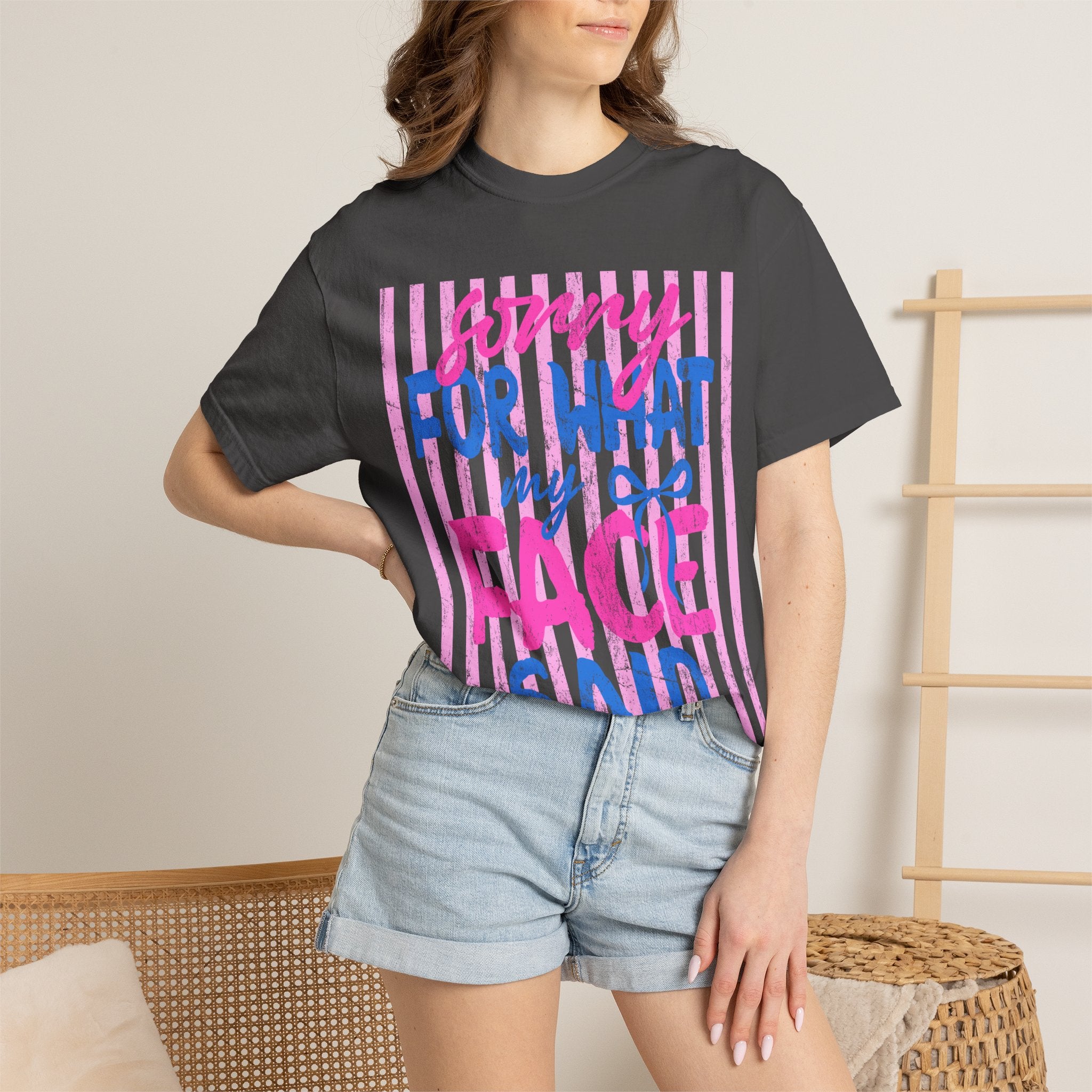 T-Shirt — "Sorry For What My Face Said" Graphic Tee (Pink & Blue Stripes)