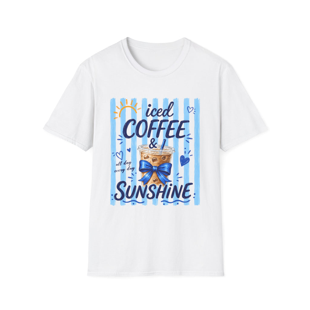 Iced Coffee & Sunshine T-Shirt — Cute Blue Striped Summer Tee