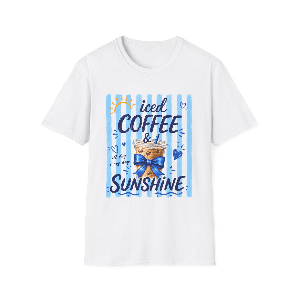 Iced Coffee & Sunshine T-Shirt — Cute Blue Striped Summer Tee