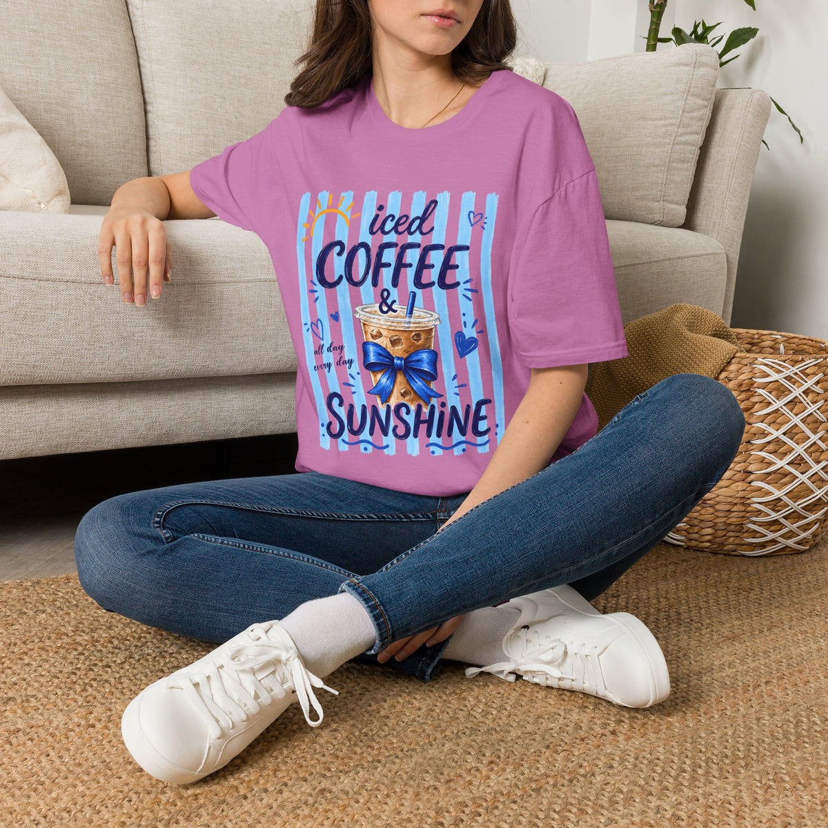 Iced Coffee & Sunshine T-Shirt — Cute Blue Striped Summer Tee