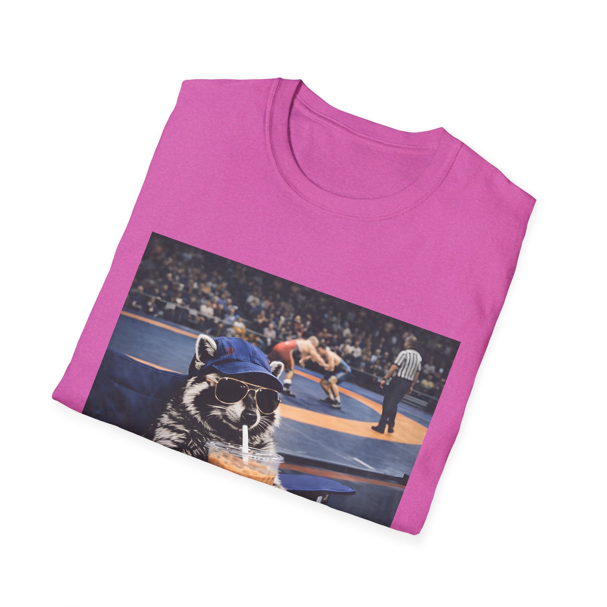 Wrestling Raccoon T‑Shirt — 'I Live Here Now' Funny Sports Tee