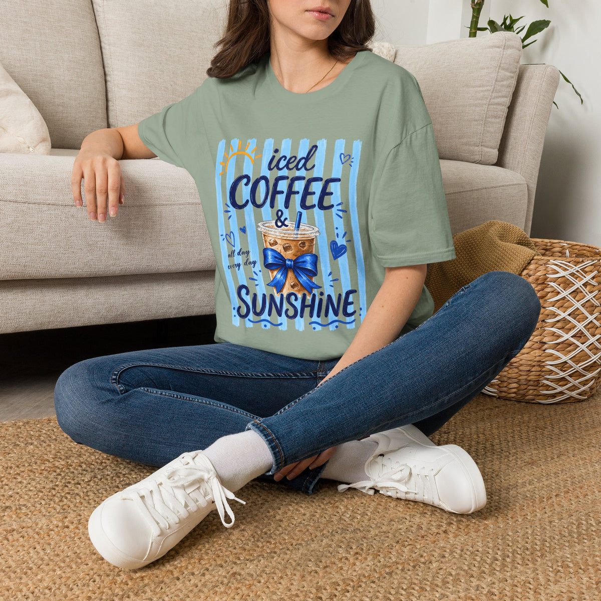 Iced Coffee & Sunshine T-Shirt — Cute Blue Striped Summer Tee