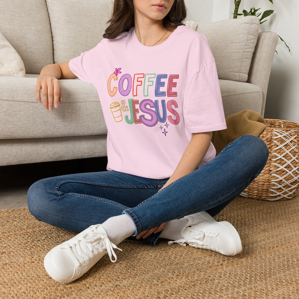 Coffee & Jesus T‑Shirt — Colorful Faith Graphic Tee for Women
