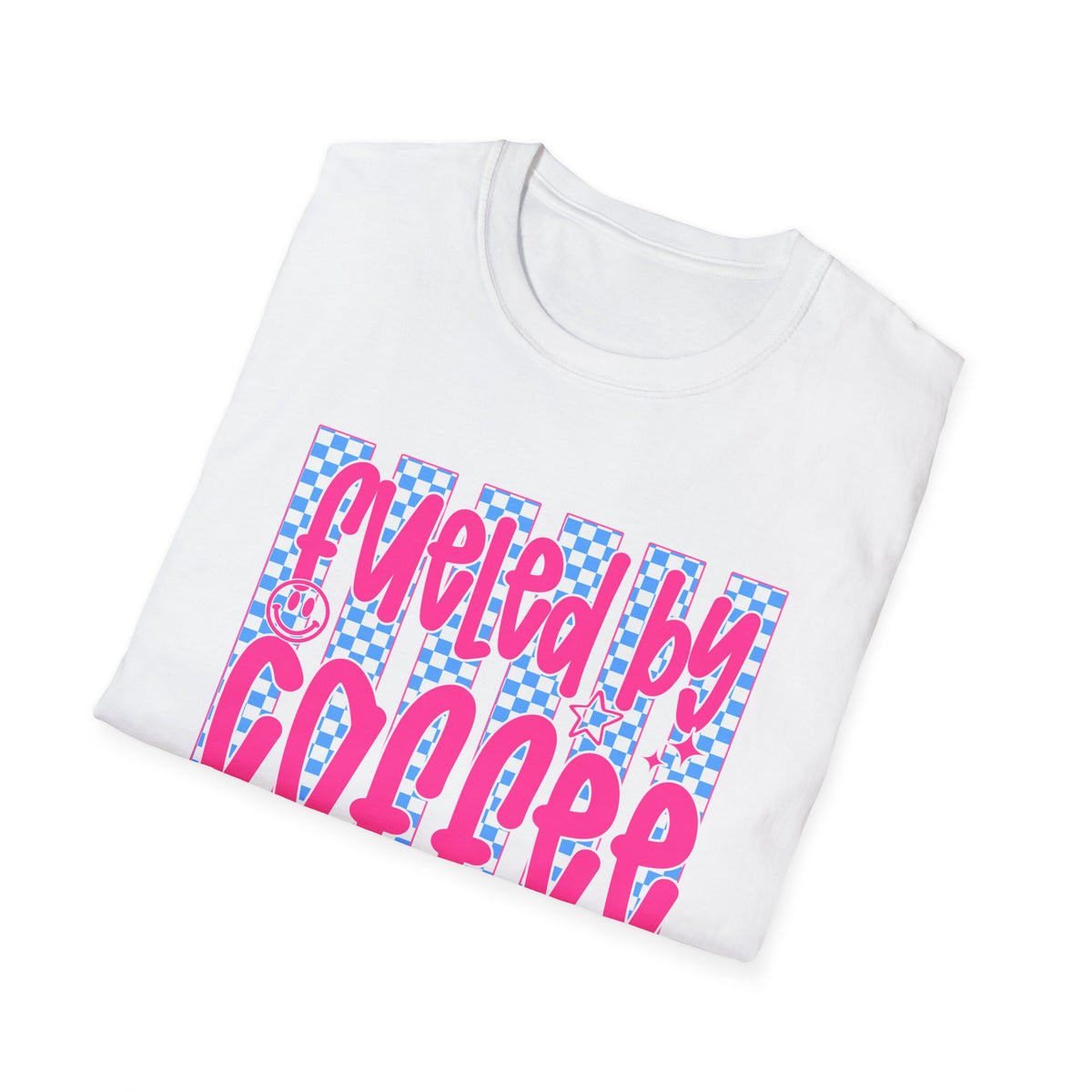 Fueled By Coffee And Anxiety T-Shirt — Retro Pink & Blue Checker Graphic