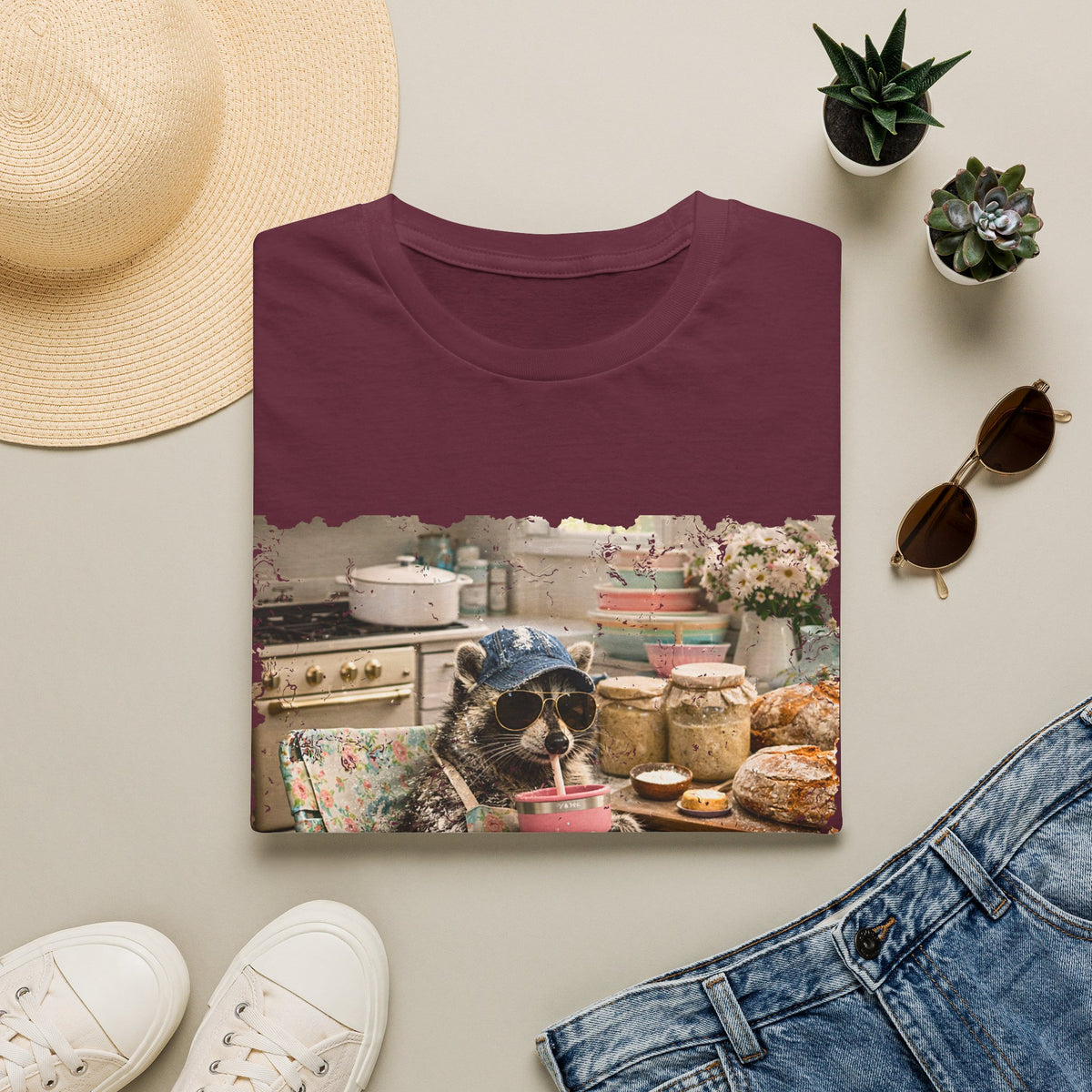 Raccoon Sourdough Vintage Graphic T-Shirt — Cozy Cottagecore Animal Print