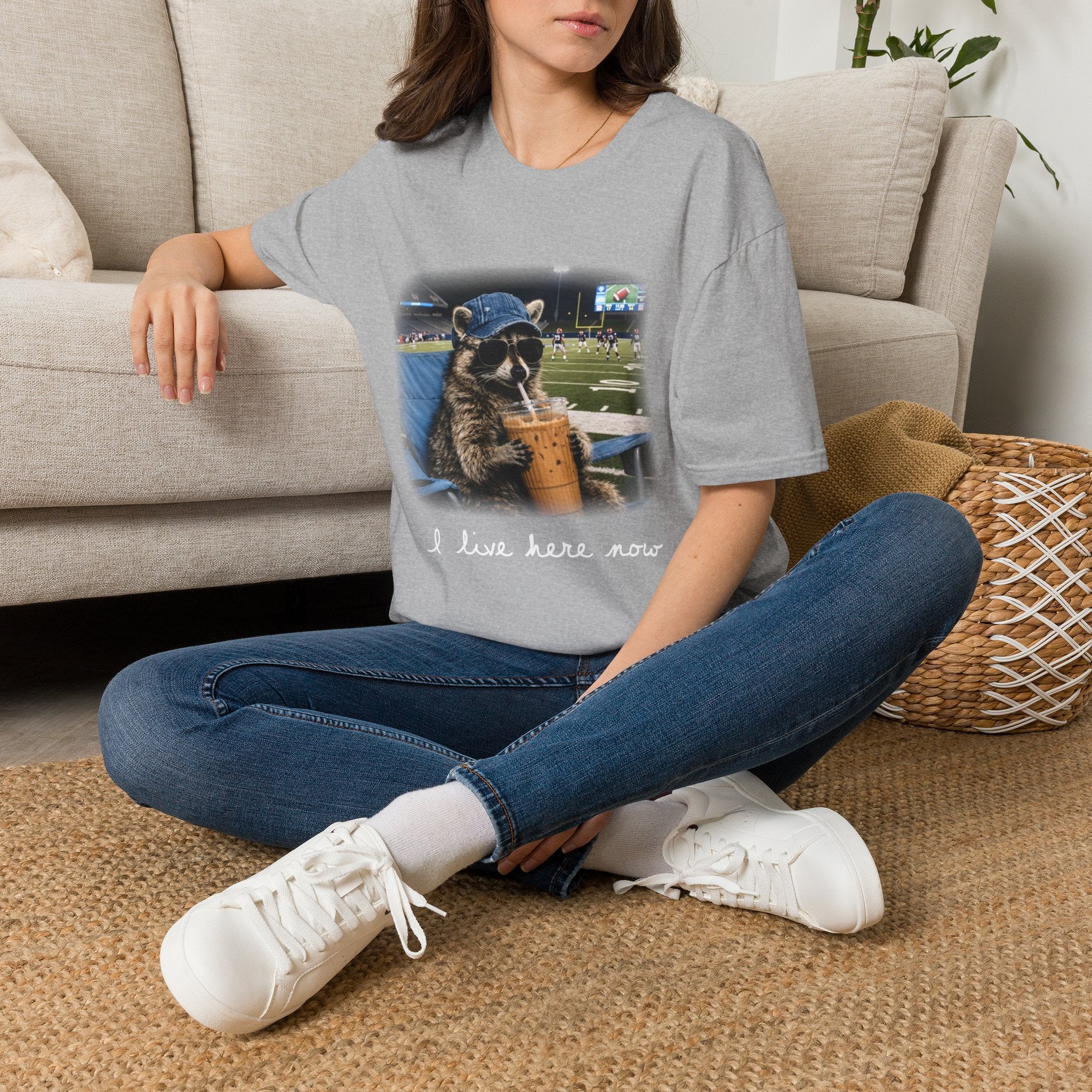 Raccoon Football Stadium Tee – "I Live Here Now" Graphic T-Shirt