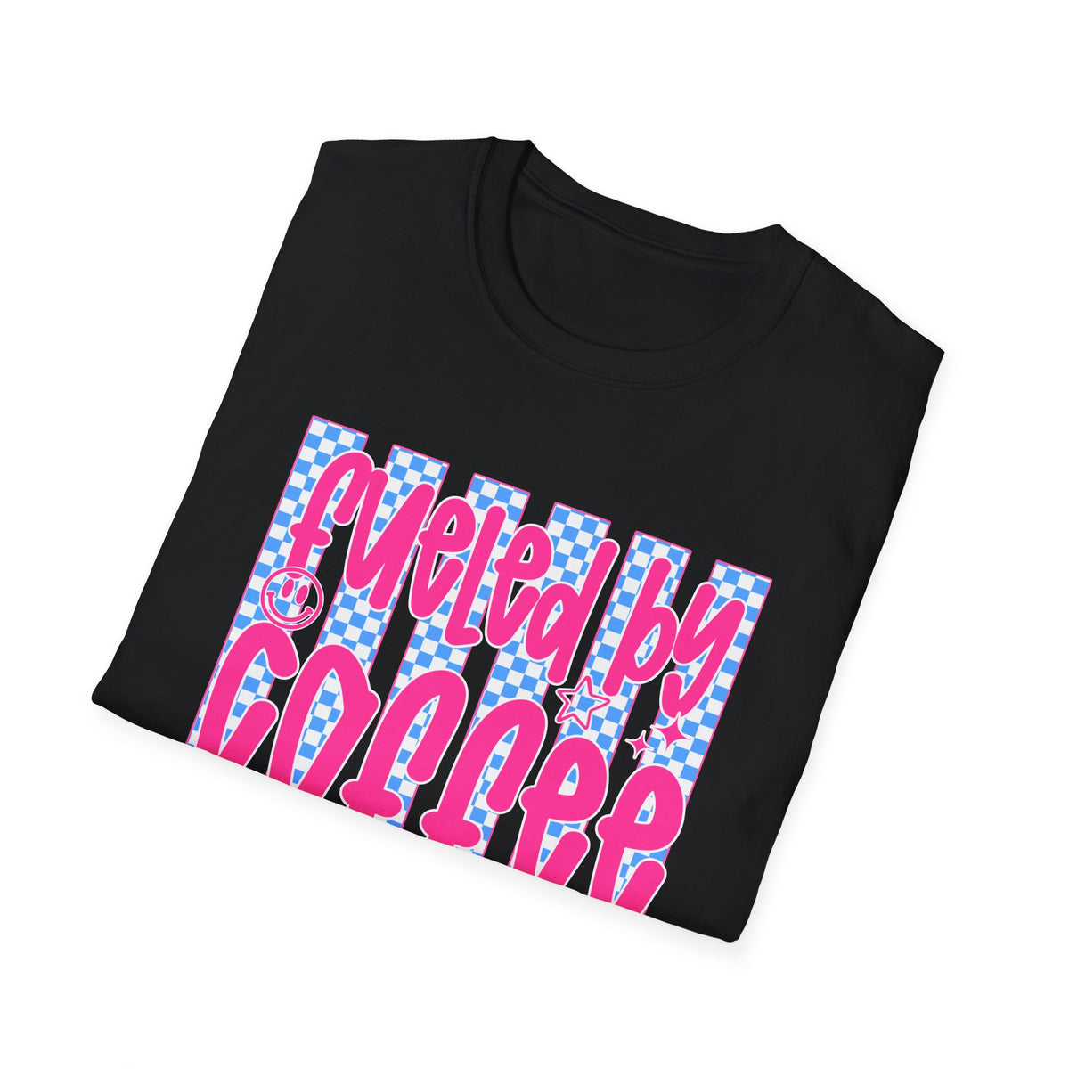 Fueled By Coffee And Anxiety T-Shirt — Retro Pink & Blue Checker Graphic