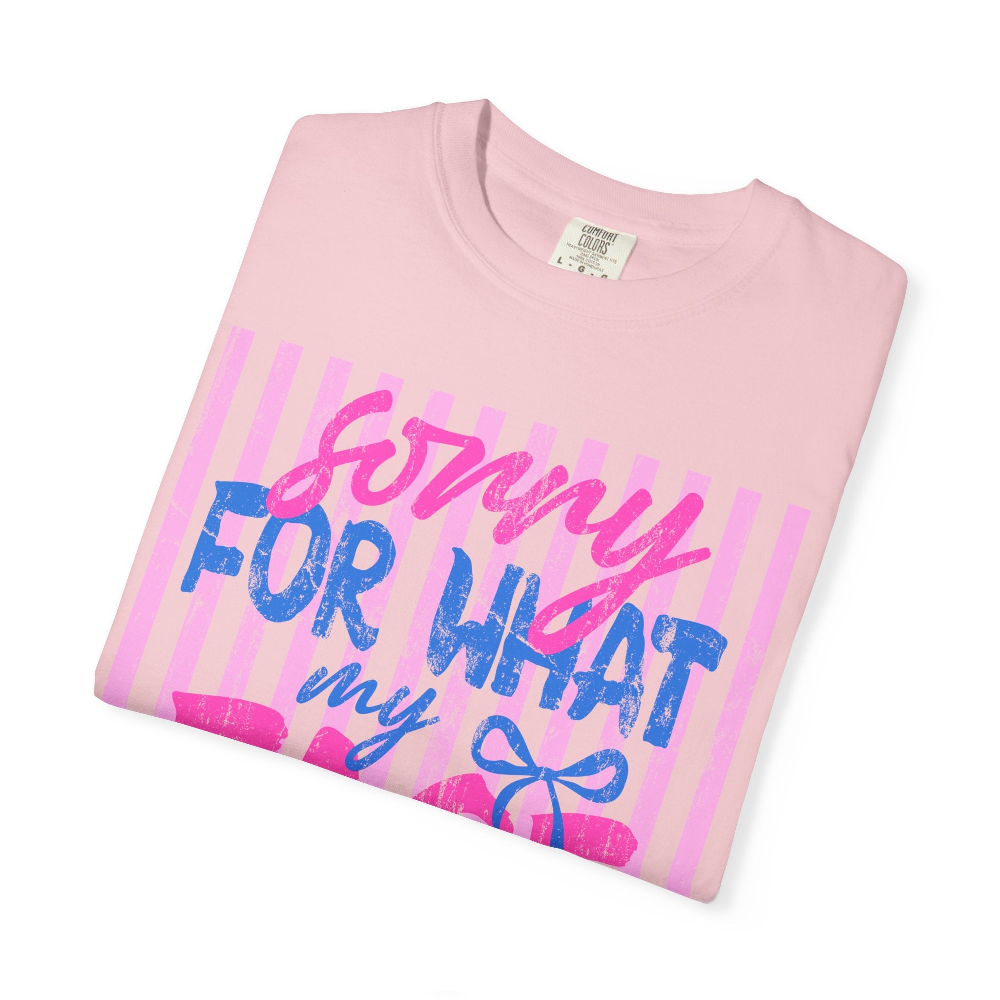 T-Shirt — "Sorry For What My Face Said" Graphic Tee (Pink & Blue Stripes)