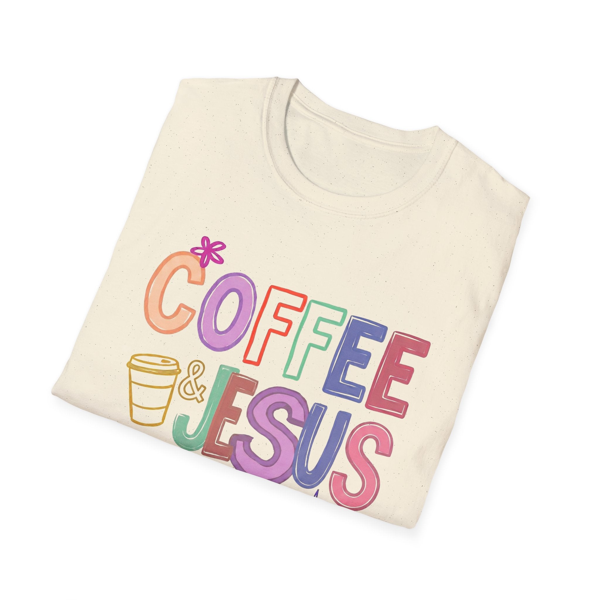 Coffee & Jesus T‑Shirt — Colorful Faith Graphic Tee for Women