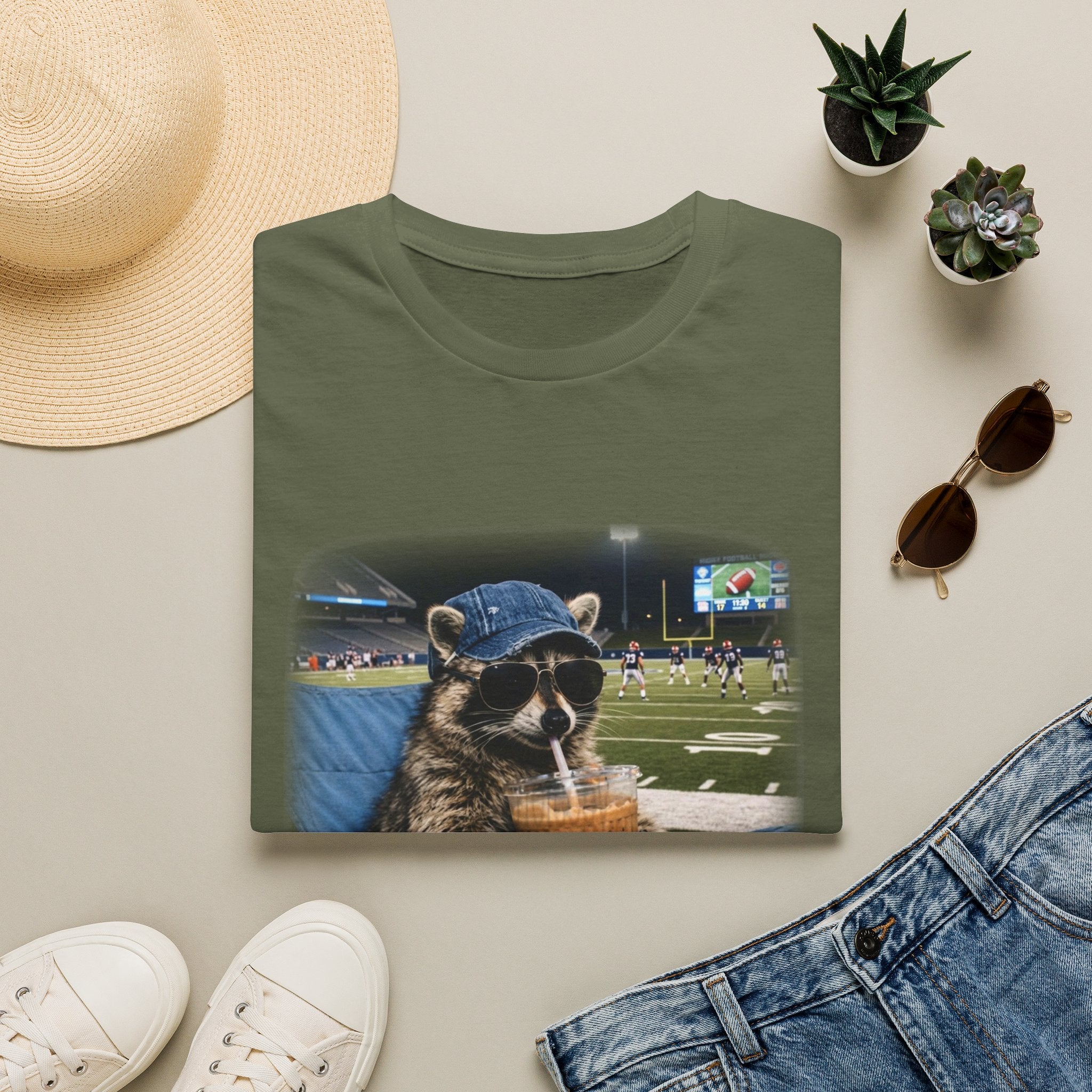 Raccoon Football Stadium Tee – "I Live Here Now" Graphic T-Shirt