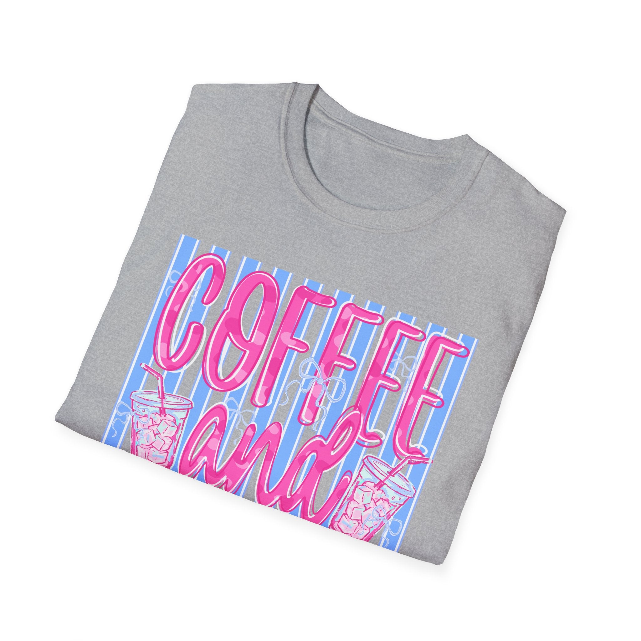 Coffee and Jesus T‑Shirt — Retro Pink & Blue Faith Graphic Tee