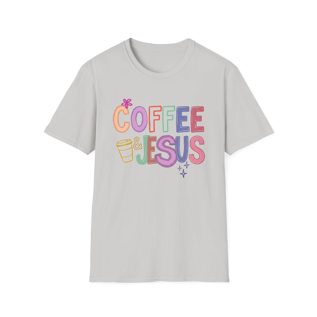 Coffee & Jesus T‑Shirt — Colorful Faith Graphic Tee for Women