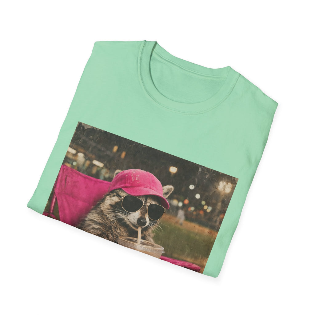 Raccoon Baseball/Softball Relaxing T-Shirt — 'Live Here Now' Retro Vacation Graphic Tee