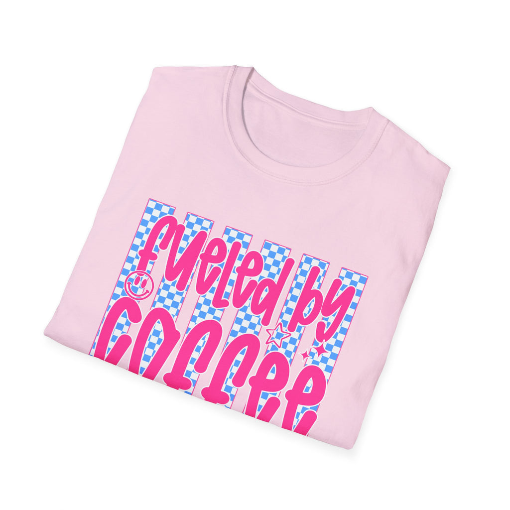 Fueled By Coffee And Anxiety T-Shirt — Retro Pink & Blue Checker Graphic