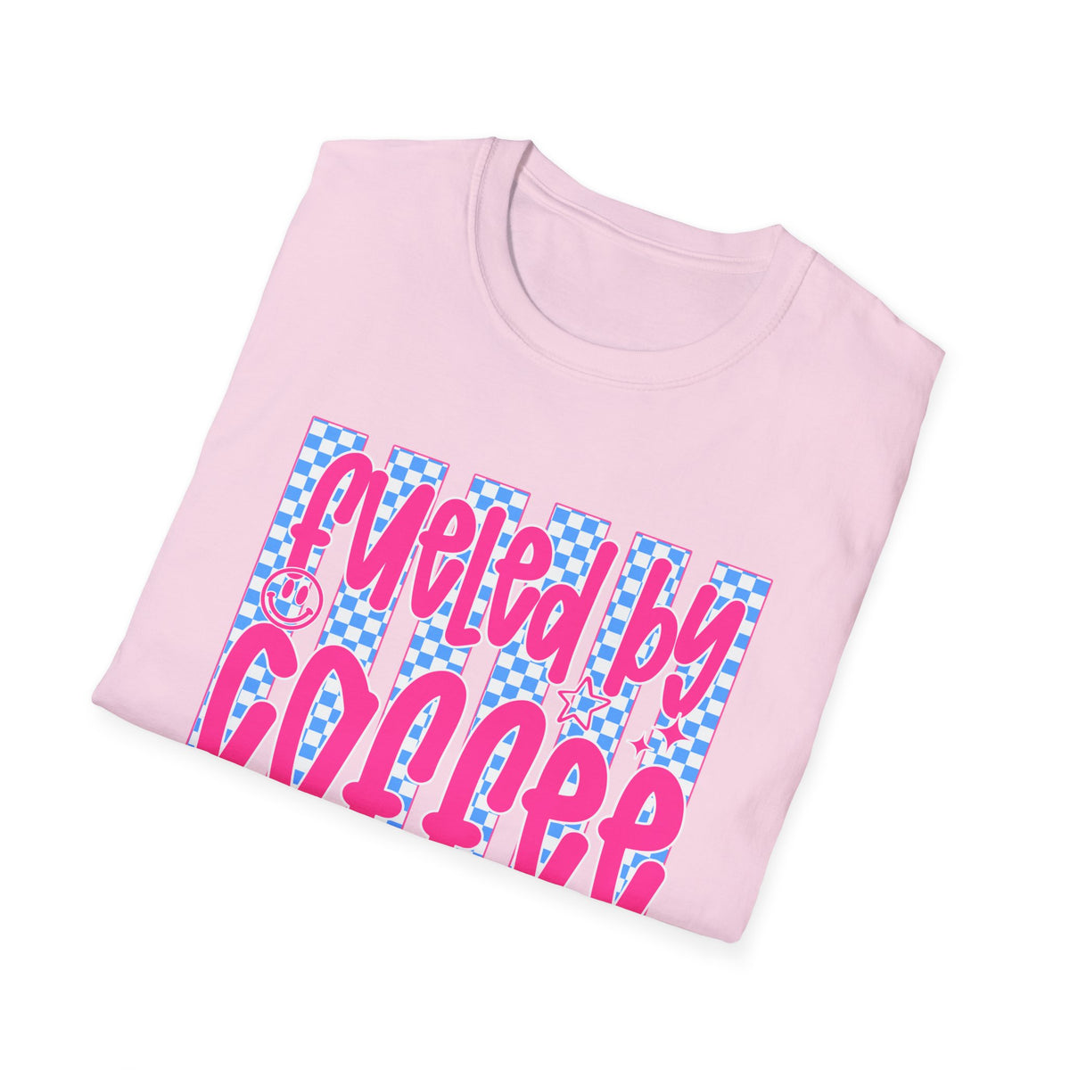 Fueled By Coffee And Anxiety T-Shirt — Retro Pink & Blue Checker Graphic