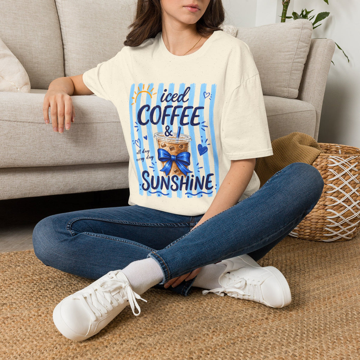 Iced Coffee & Sunshine T-Shirt — Cute Blue Striped Summer Tee