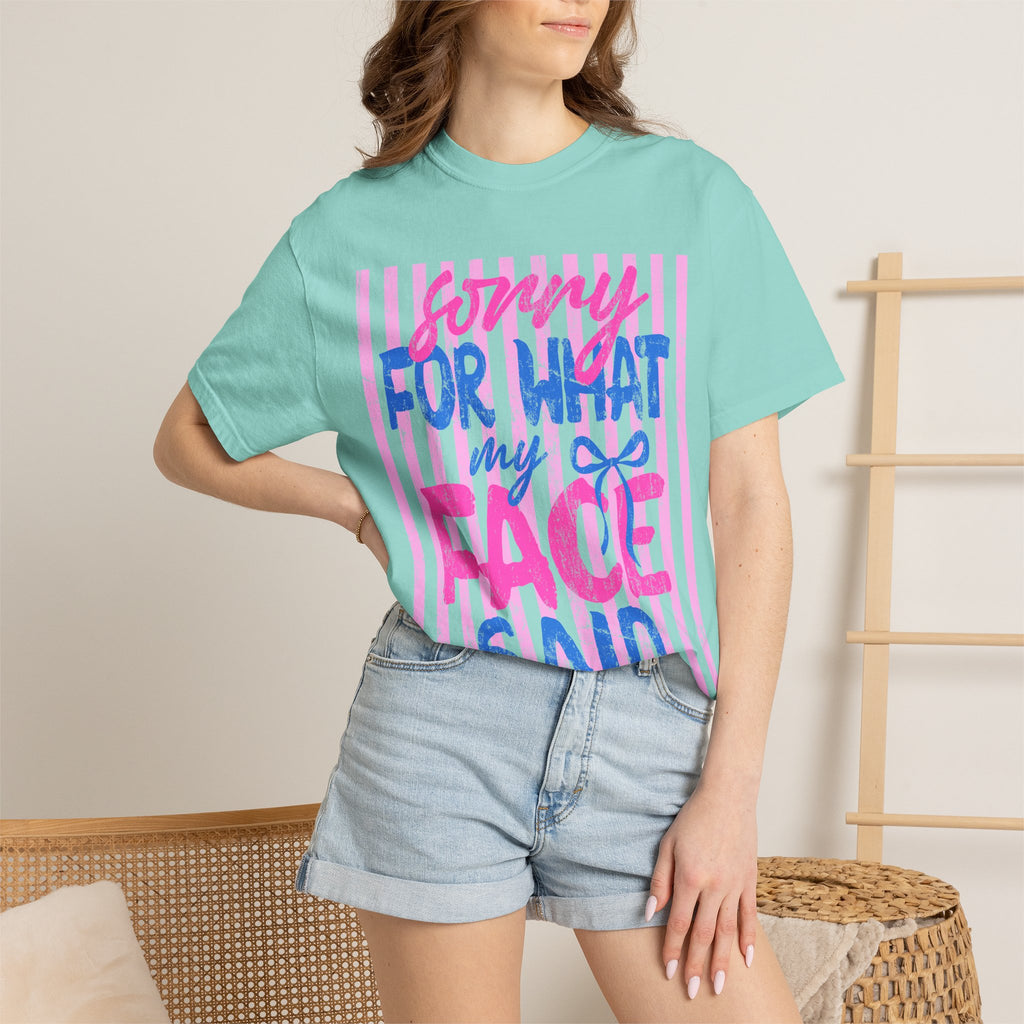 T-Shirt — "Sorry For What My Face Said" Graphic Tee (Pink & Blue Stripes)