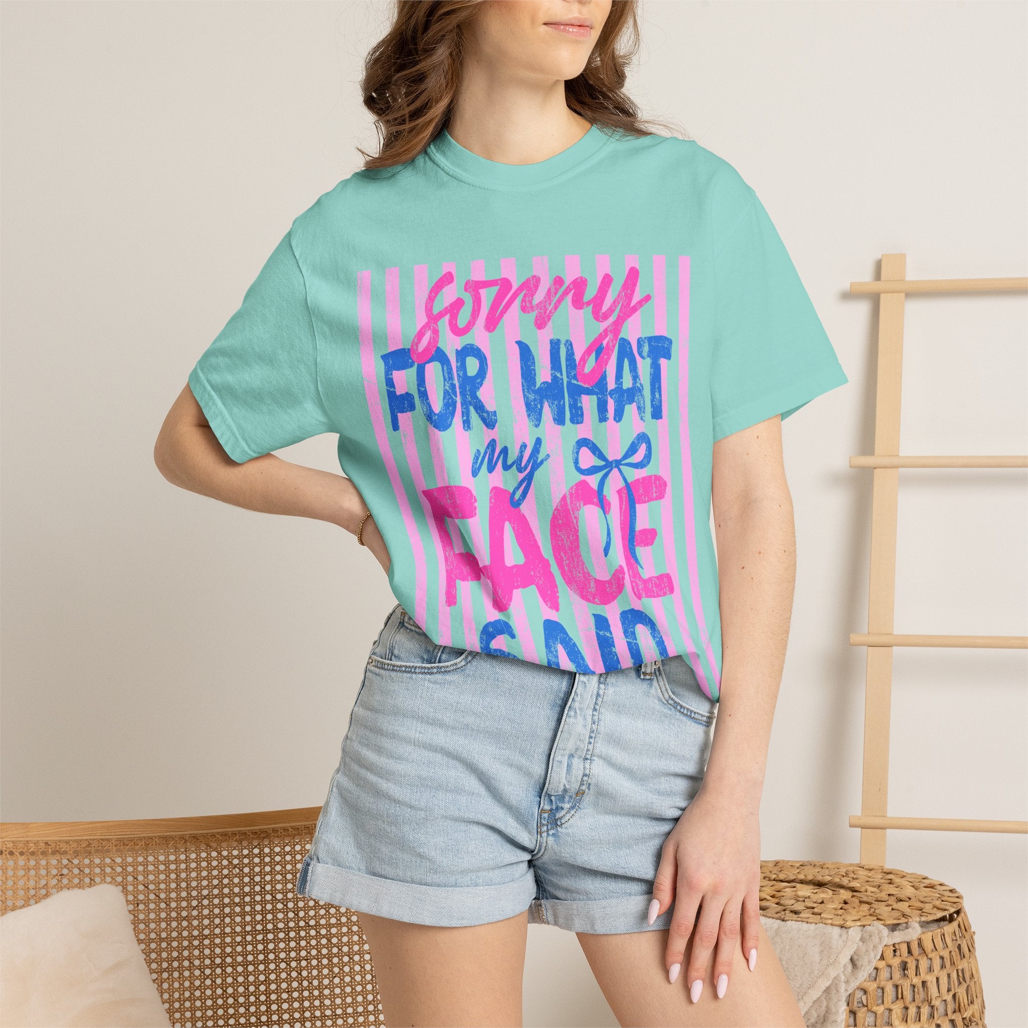 T-Shirt — "Sorry For What My Face Said" Graphic Tee (Pink & Blue Stripes)