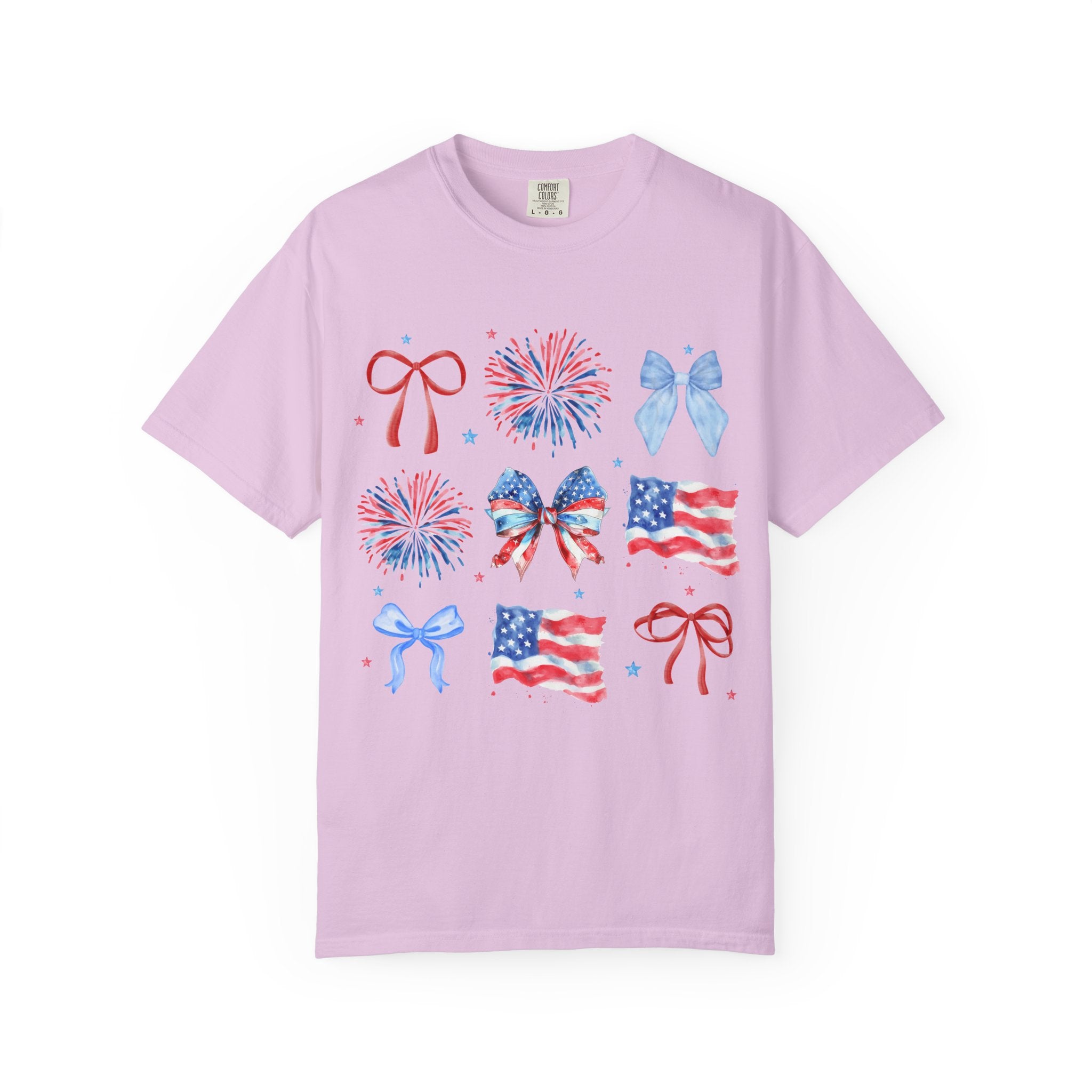 Patriotic Bows & Fireworks T-Shirt — American Flag Fourth of July Tee