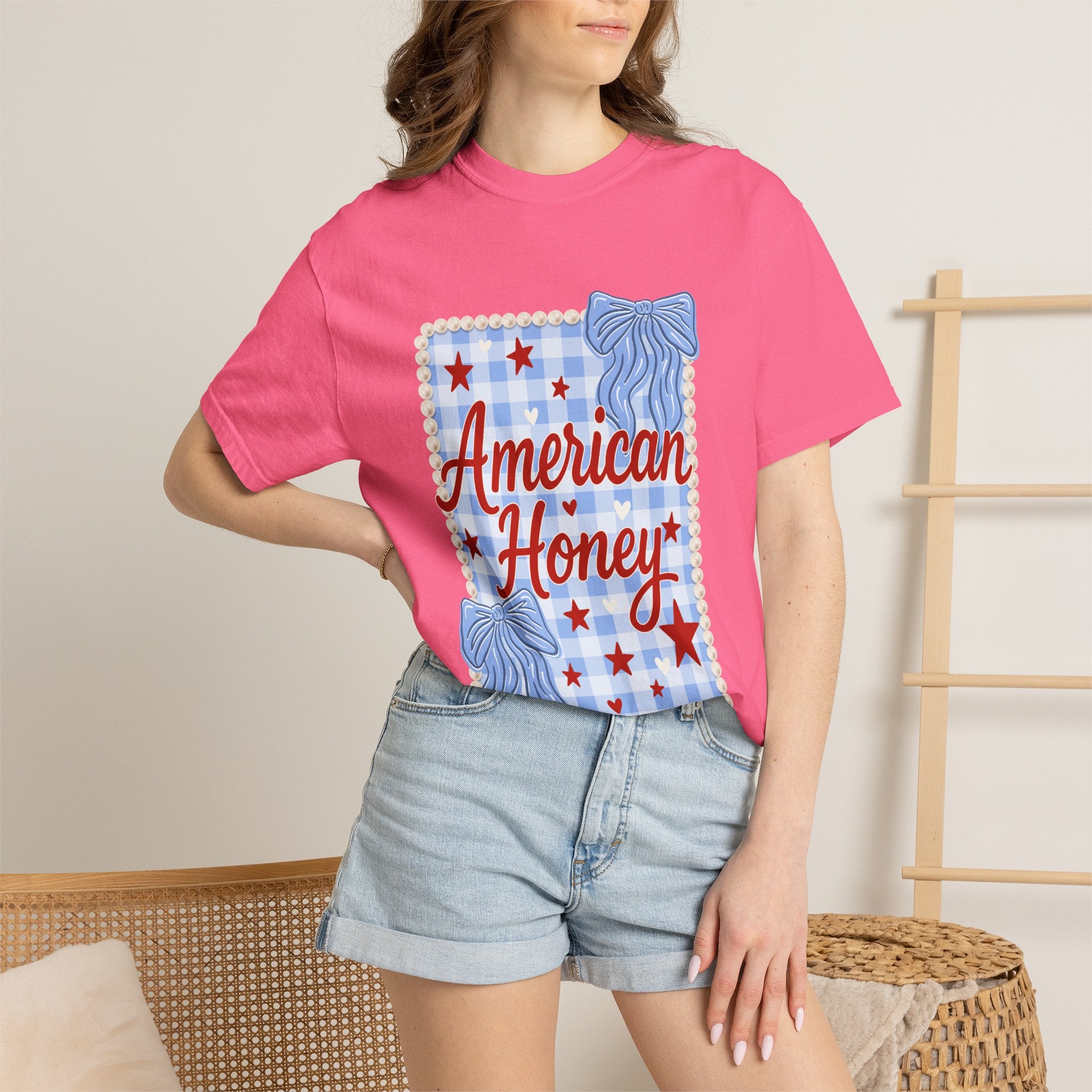 American Honey T-Shirt — Patriotic Gingham Graphic Tee