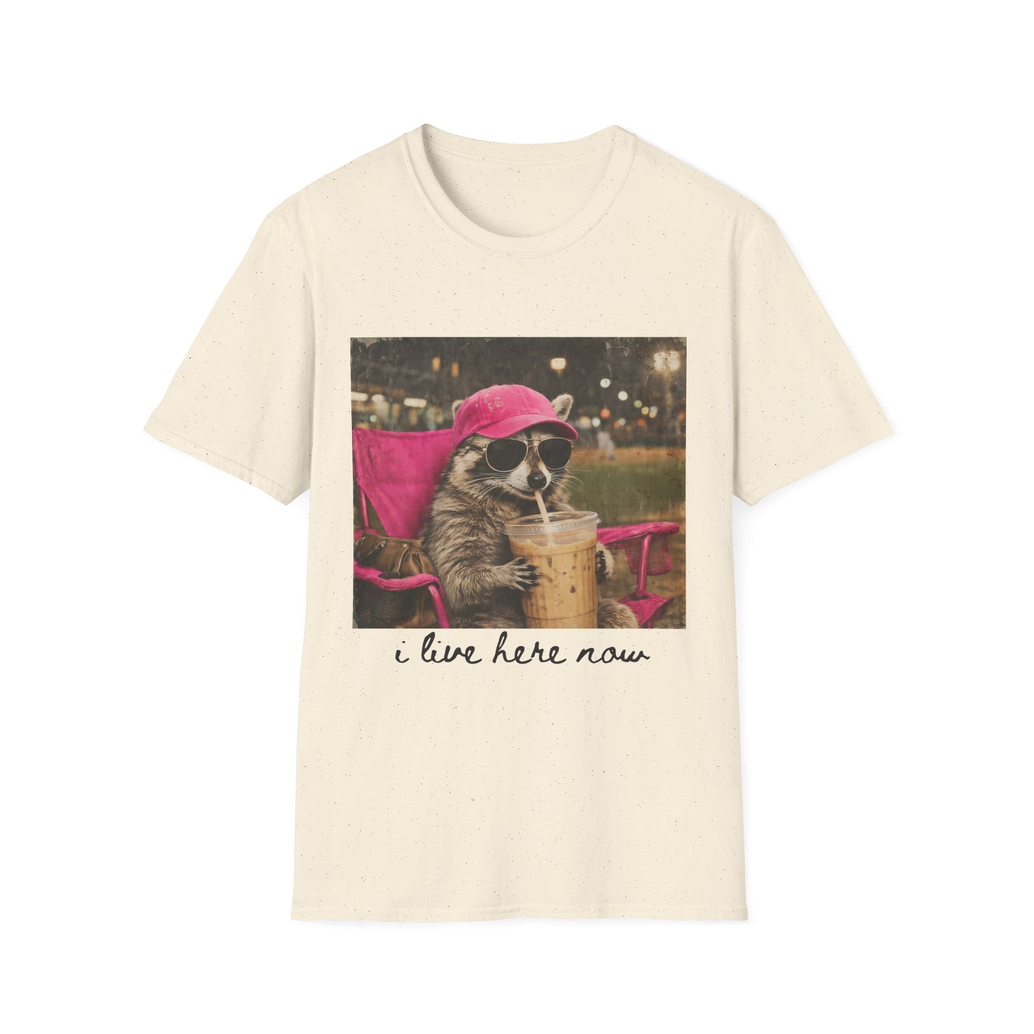 Raccoon Baseball/Softball Relaxing T-Shirt — 'Live Here Now' Retro Vacation Graphic Tee