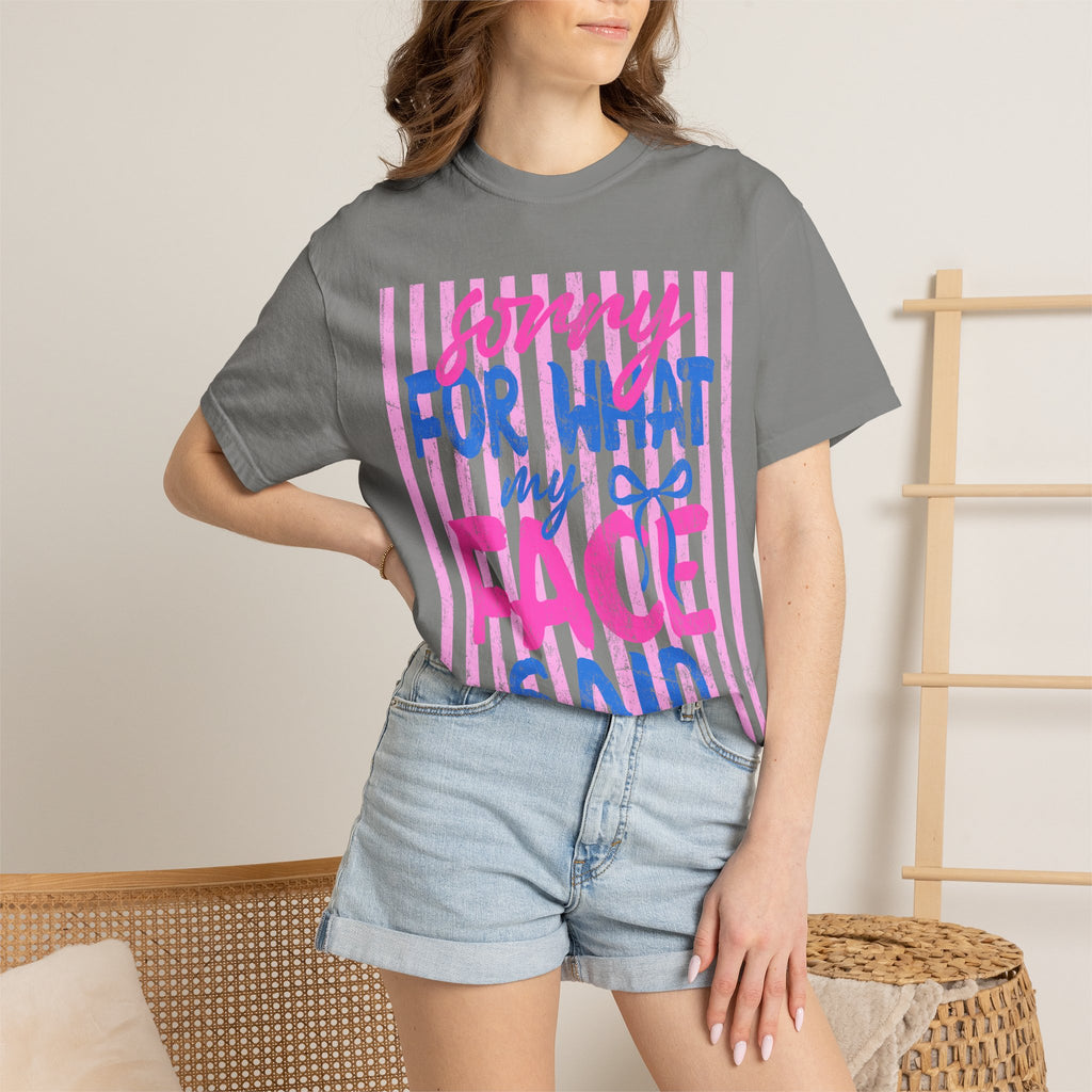 T-Shirt — "Sorry For What My Face Said" Graphic Tee (Pink & Blue Stripes)