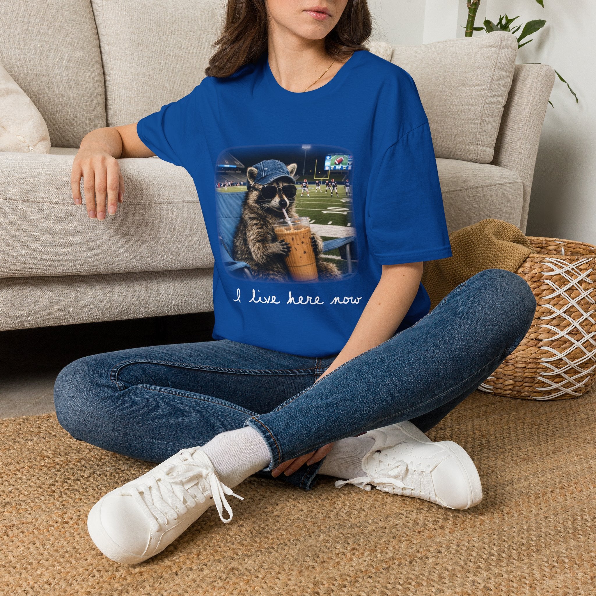 Raccoon Football Stadium Tee – "I Live Here Now" Graphic T-Shirt