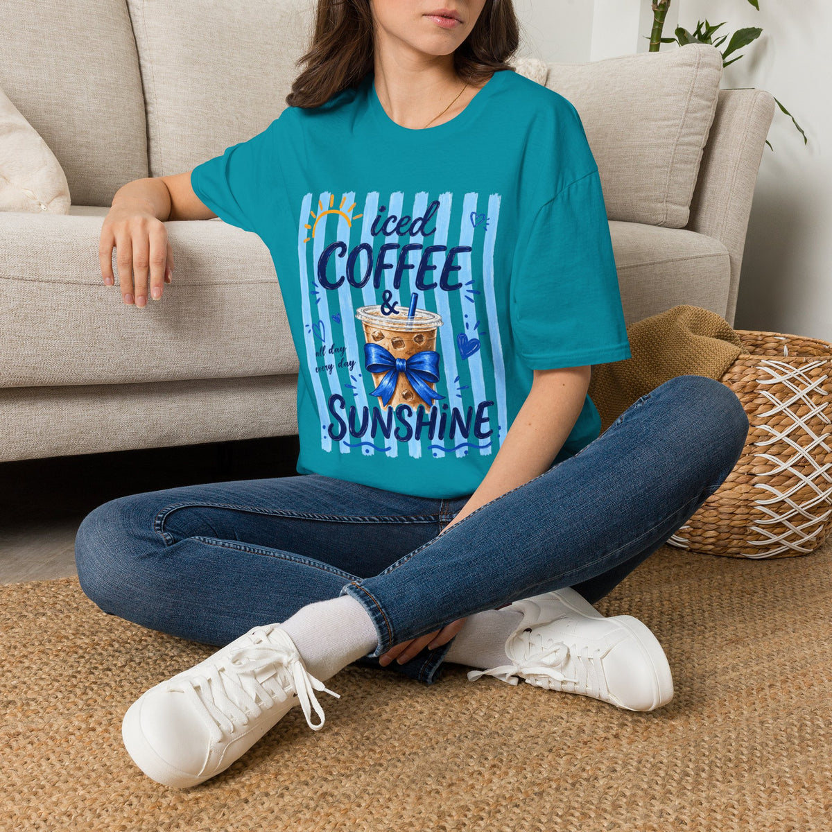 Iced Coffee & Sunshine T-Shirt — Cute Blue Striped Summer Tee