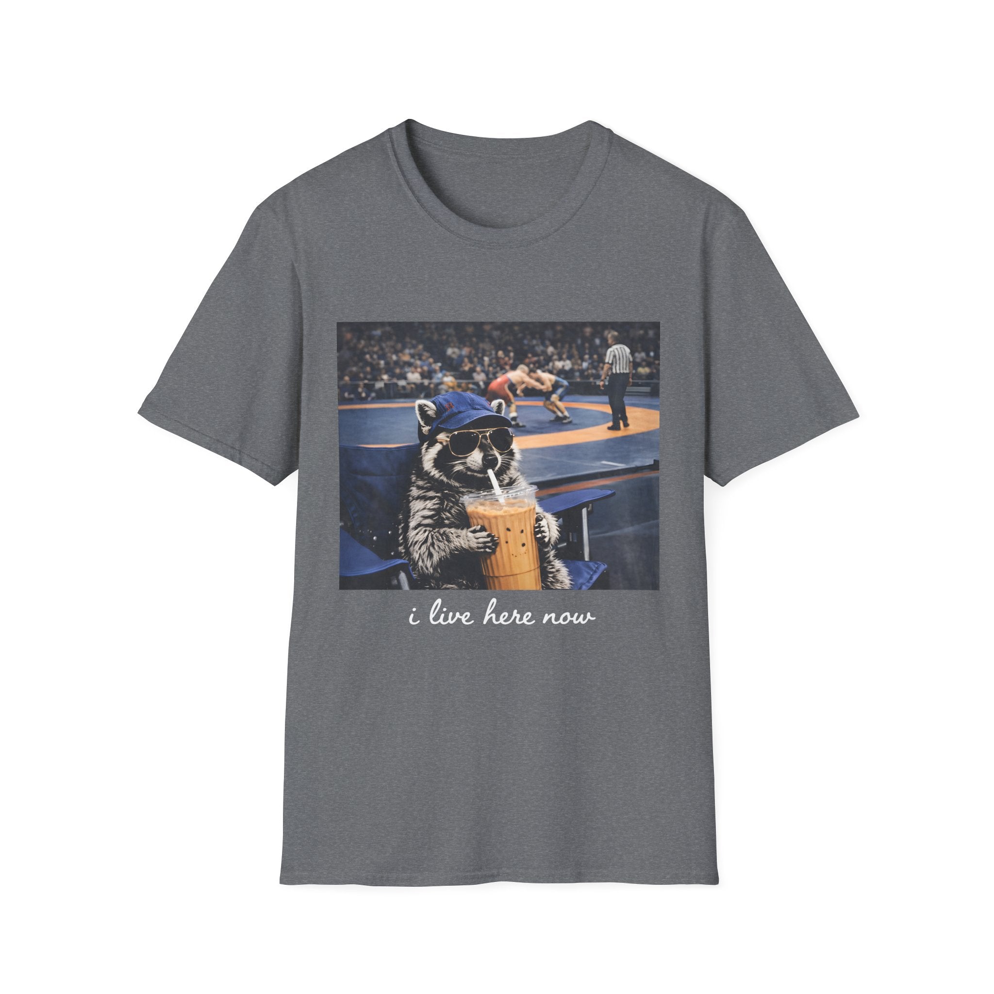 Wrestling Raccoon T‑Shirt — 'I Live Here Now' Funny Sports Tee