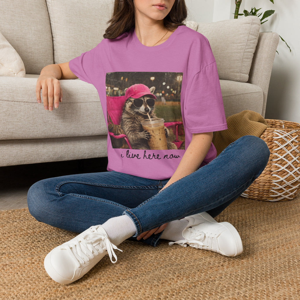 Raccoon Baseball/Softball Relaxing T-Shirt — 'Live Here Now' Retro Vacation Graphic Tee
