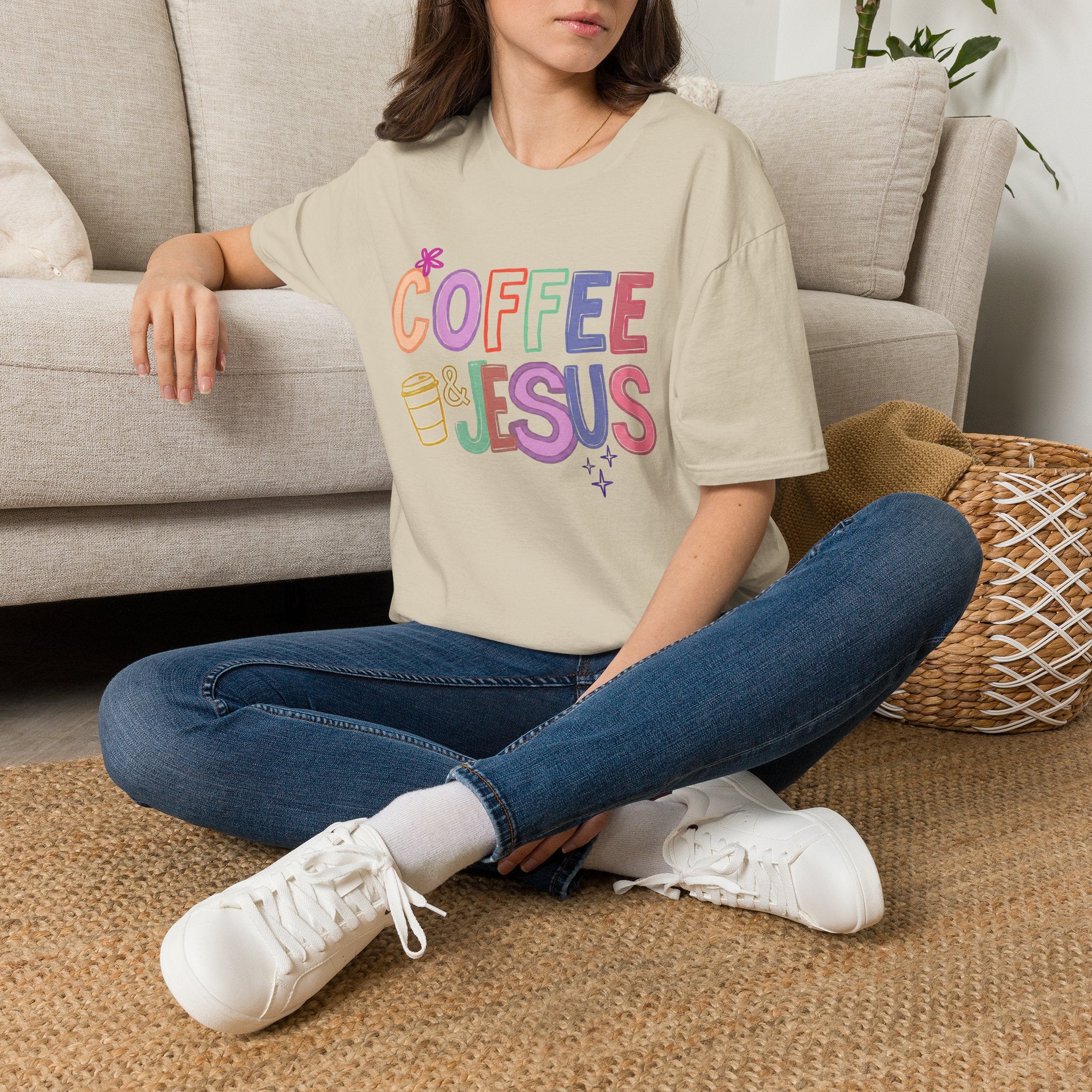 Coffee & Jesus T‑Shirt — Colorful Faith Graphic Tee for Women