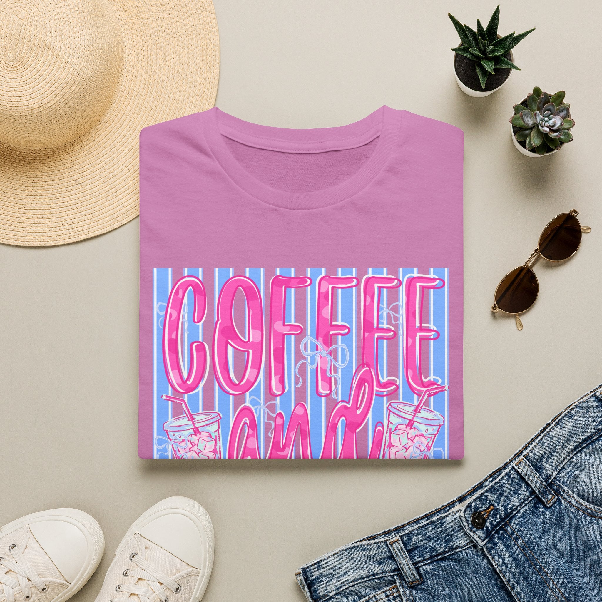 Coffee and Jesus T‑Shirt — Retro Pink & Blue Faith Graphic Tee