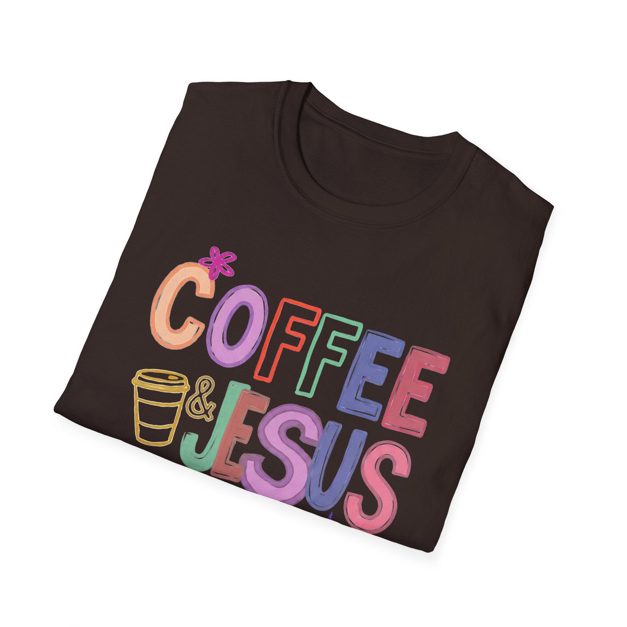 Coffee & Jesus T‑Shirt — Colorful Faith Graphic Tee for Women