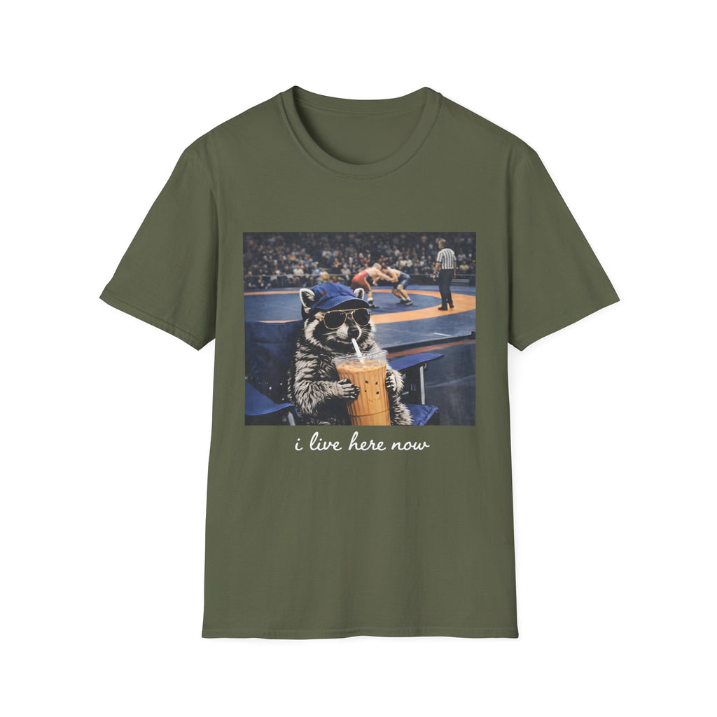 Wrestling Raccoon T‑Shirt — 'I Live Here Now' Funny Sports Tee