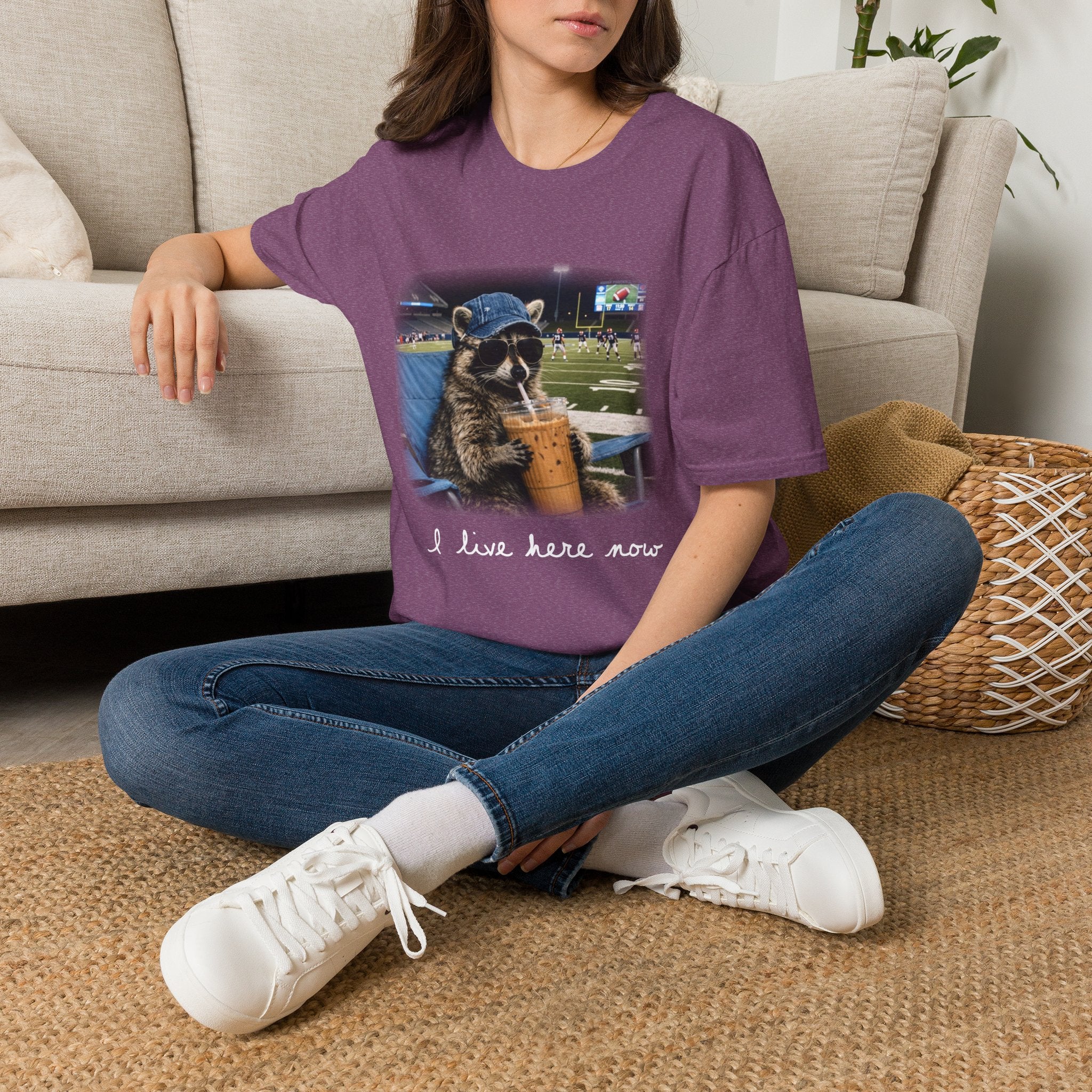 Raccoon Football Stadium Tee – "I Live Here Now" Graphic T-Shirt
