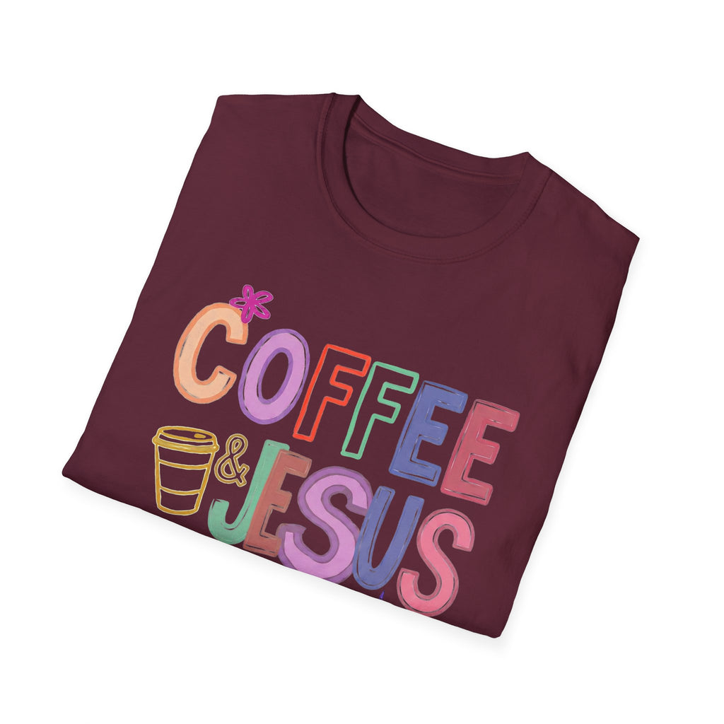 Coffee & Jesus T‑Shirt — Colorful Faith Graphic Tee for Women