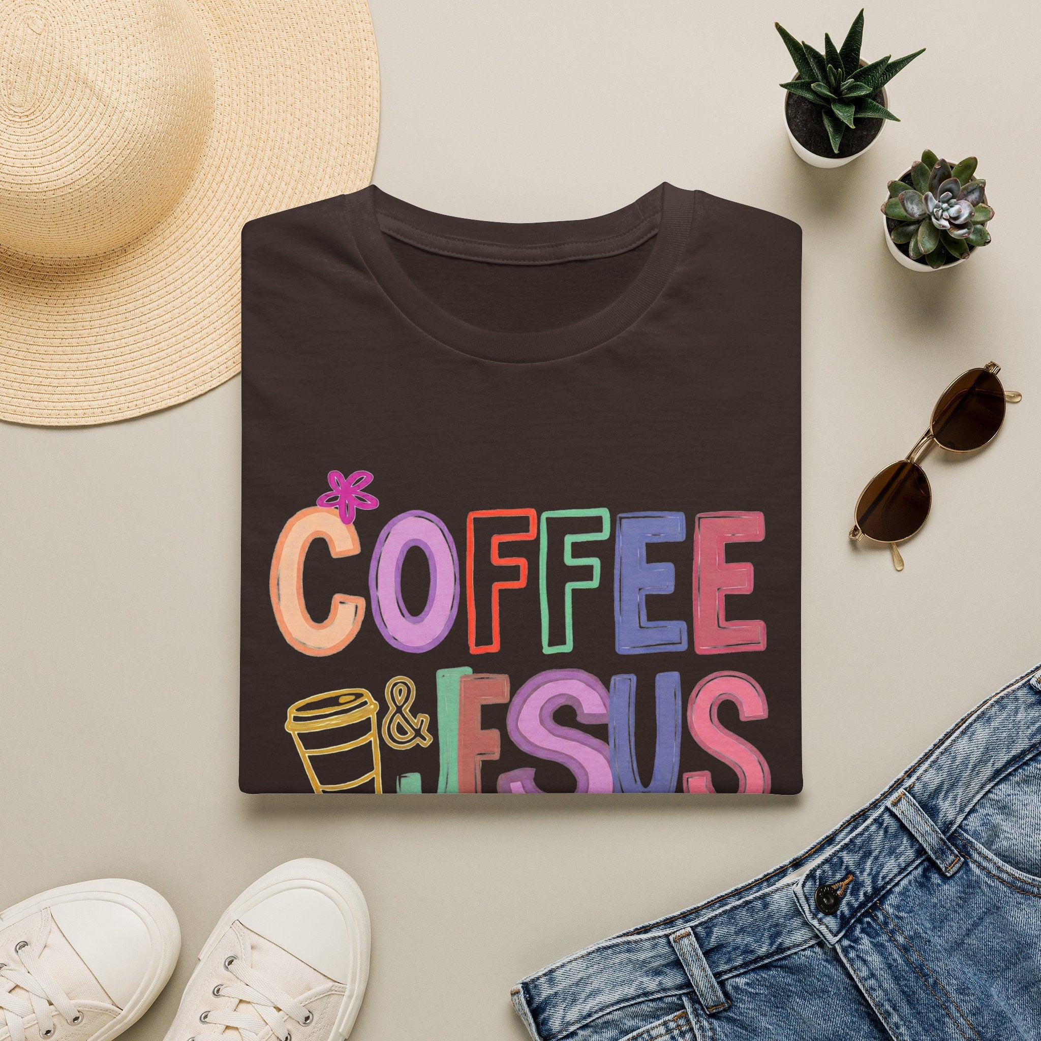 Coffee & Jesus T‑Shirt — Colorful Faith Graphic Tee for Women