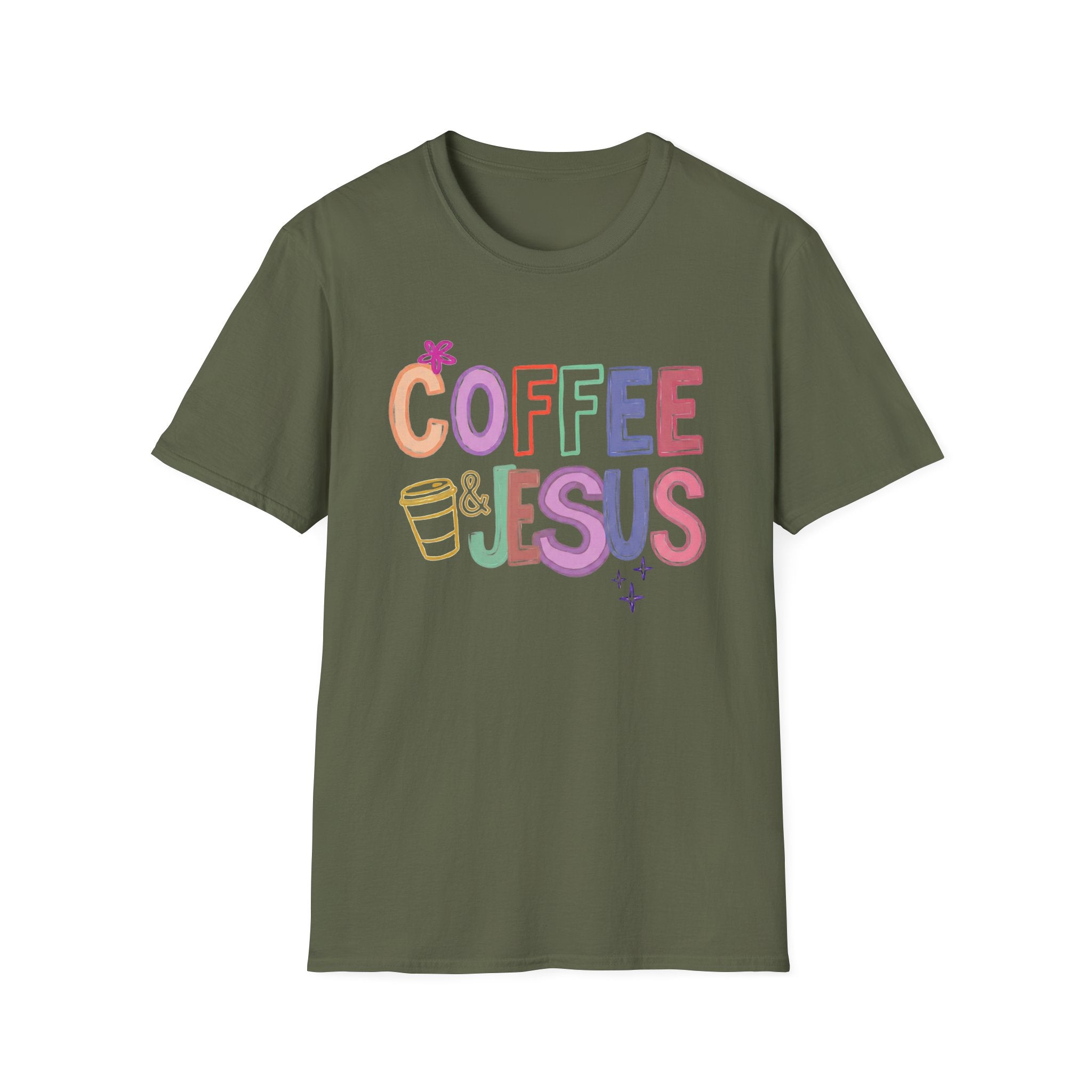 Coffee & Jesus T‑Shirt — Colorful Faith Graphic Tee for Women