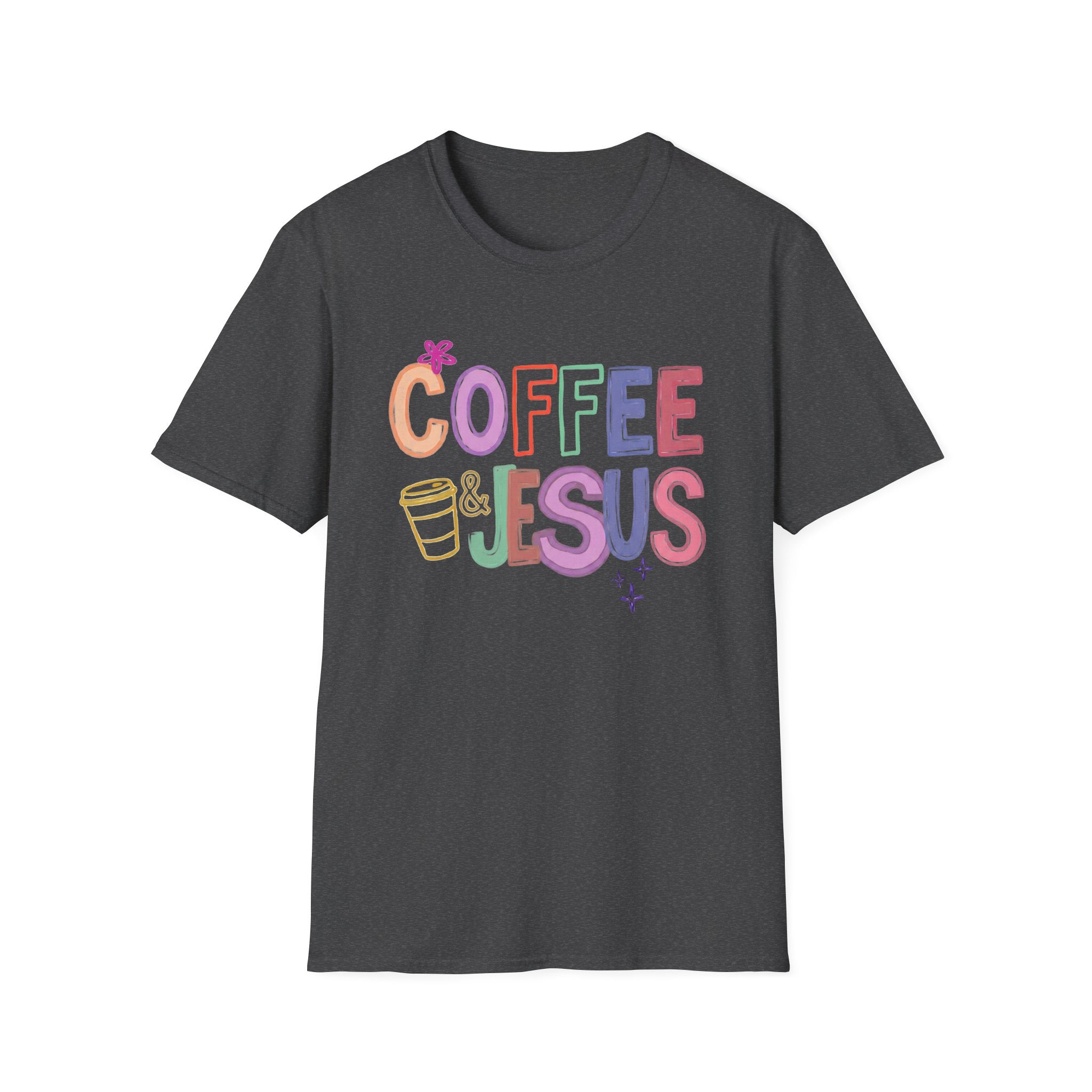 Coffee & Jesus T‑Shirt — Colorful Faith Graphic Tee for Women