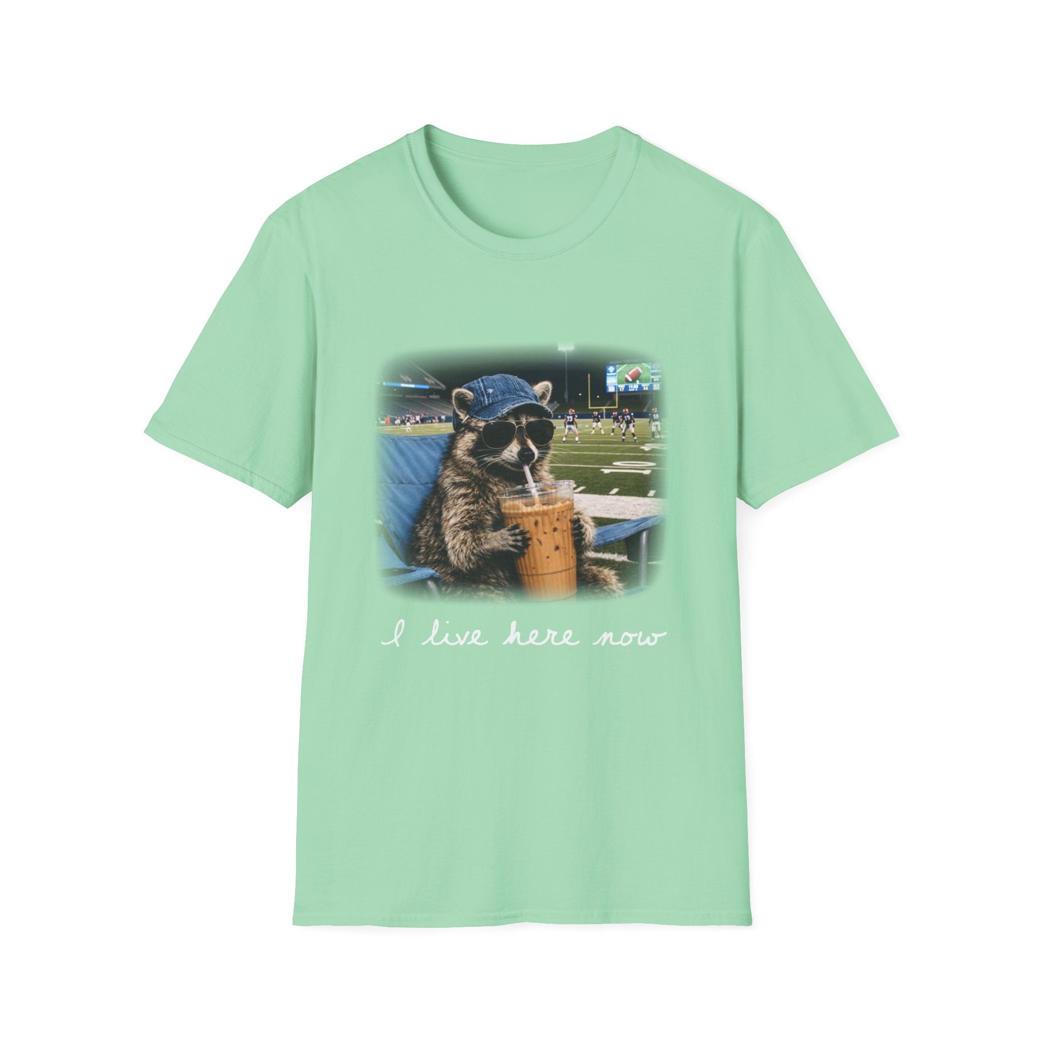 Raccoon Football Stadium Tee – "I Live Here Now" Graphic T-Shirt
