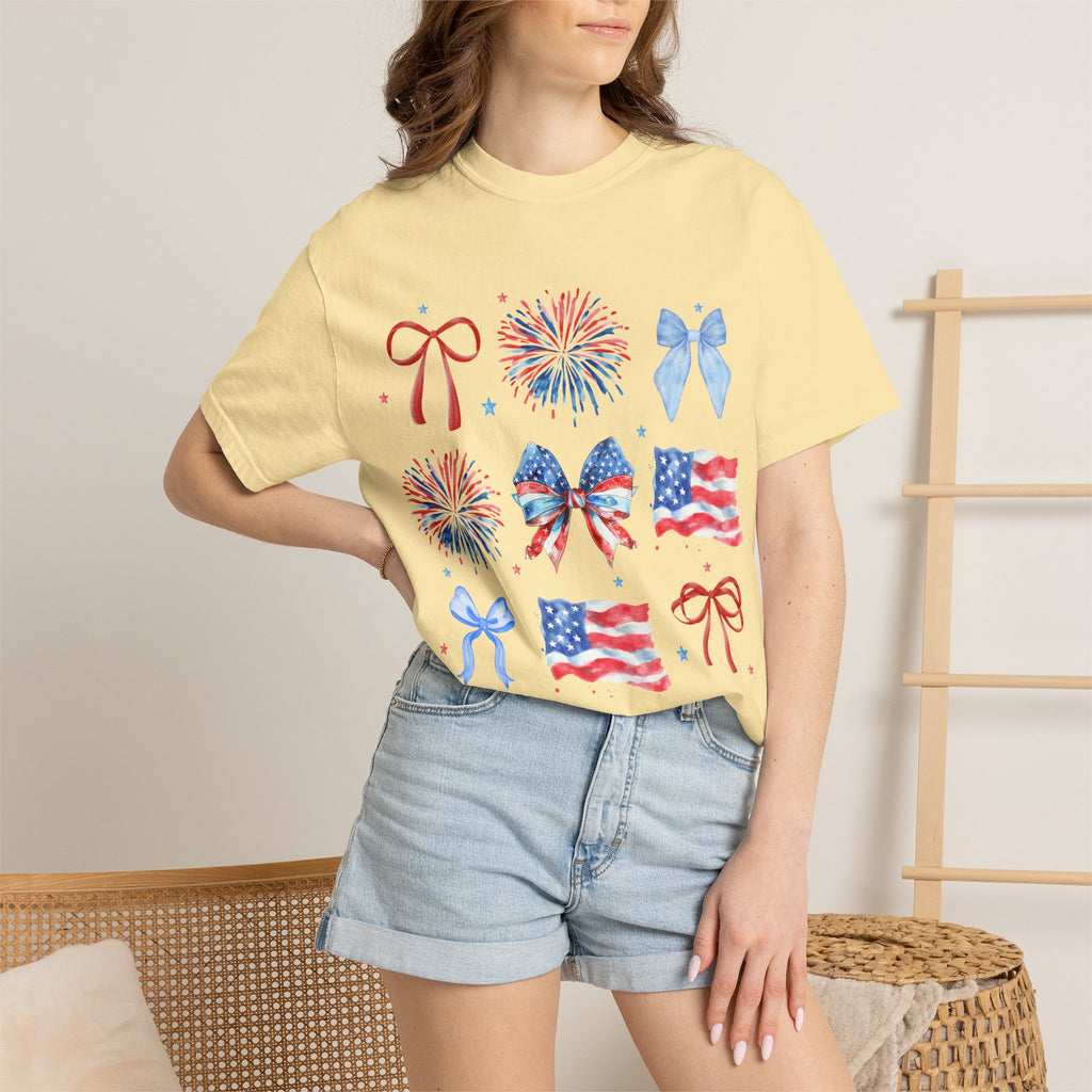 Patriotic Bows & Fireworks T-Shirt — American Flag Fourth of July Tee