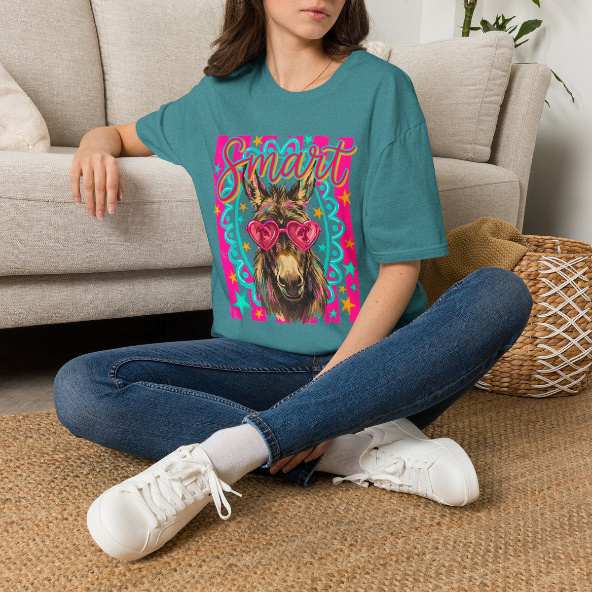 Smart Donkey T-Shirt — Colorful Heart-Sunglasses Graphic Tee for Animal Lovers