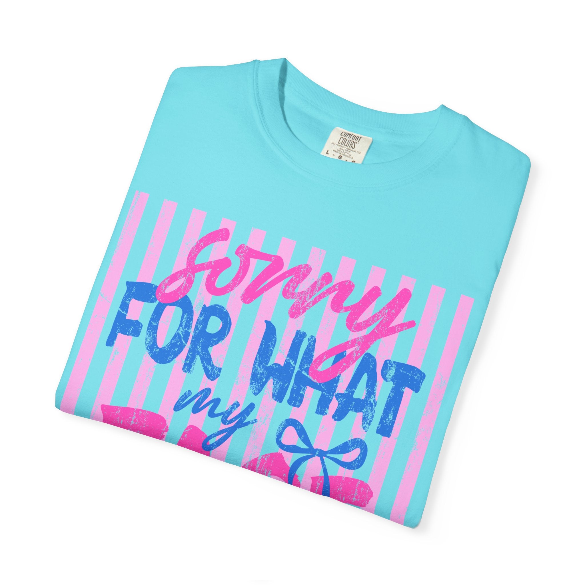 T-Shirt — "Sorry For What My Face Said" Graphic Tee (Pink & Blue Stripes)