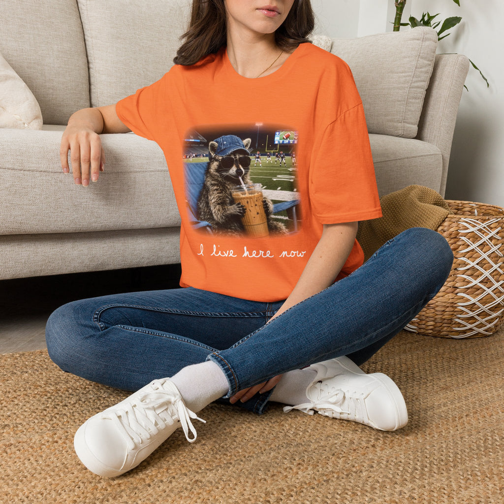 Raccoon Football Stadium Tee – "I Live Here Now" Graphic T-Shirt