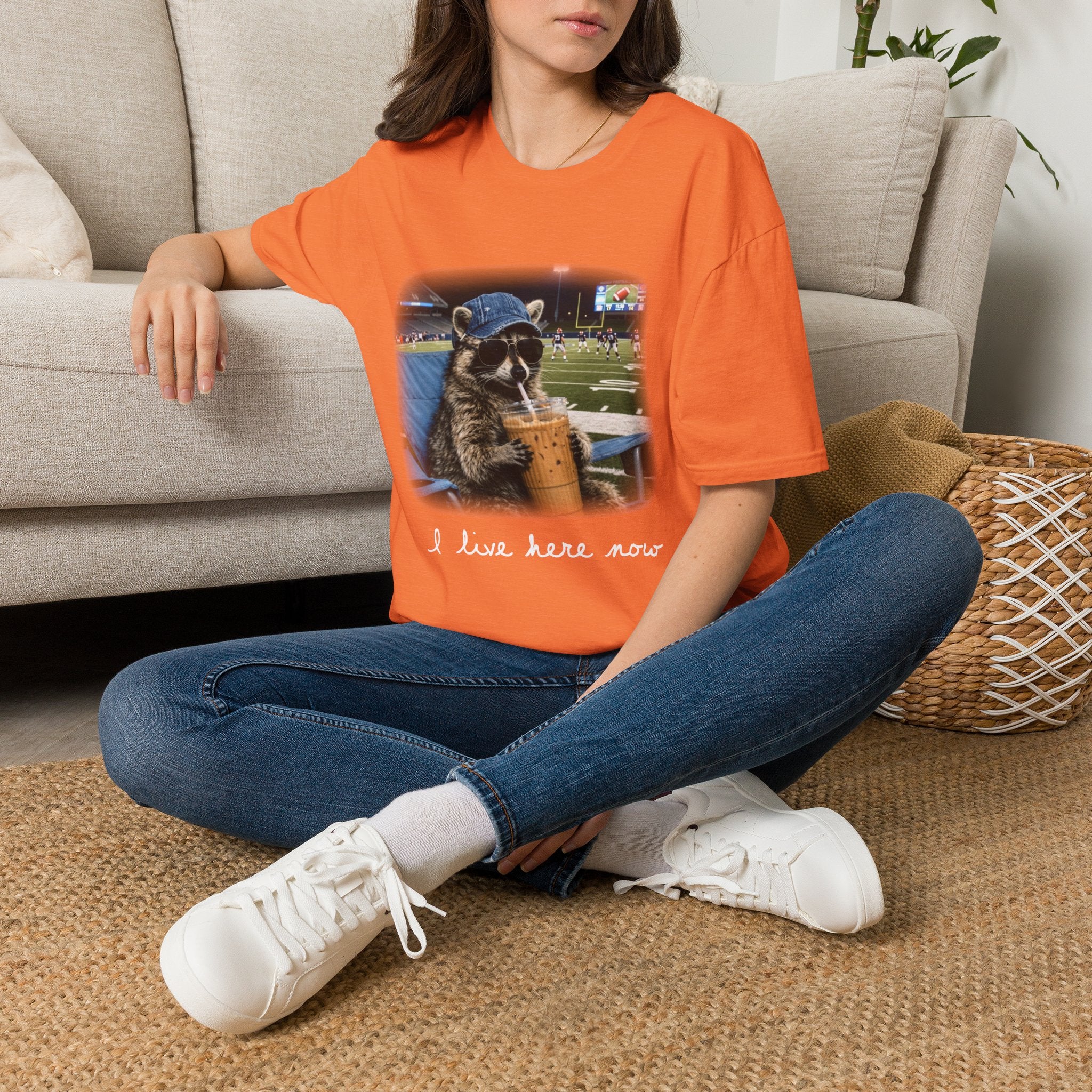 Raccoon Football Stadium Tee – "I Live Here Now" Graphic T-Shirt