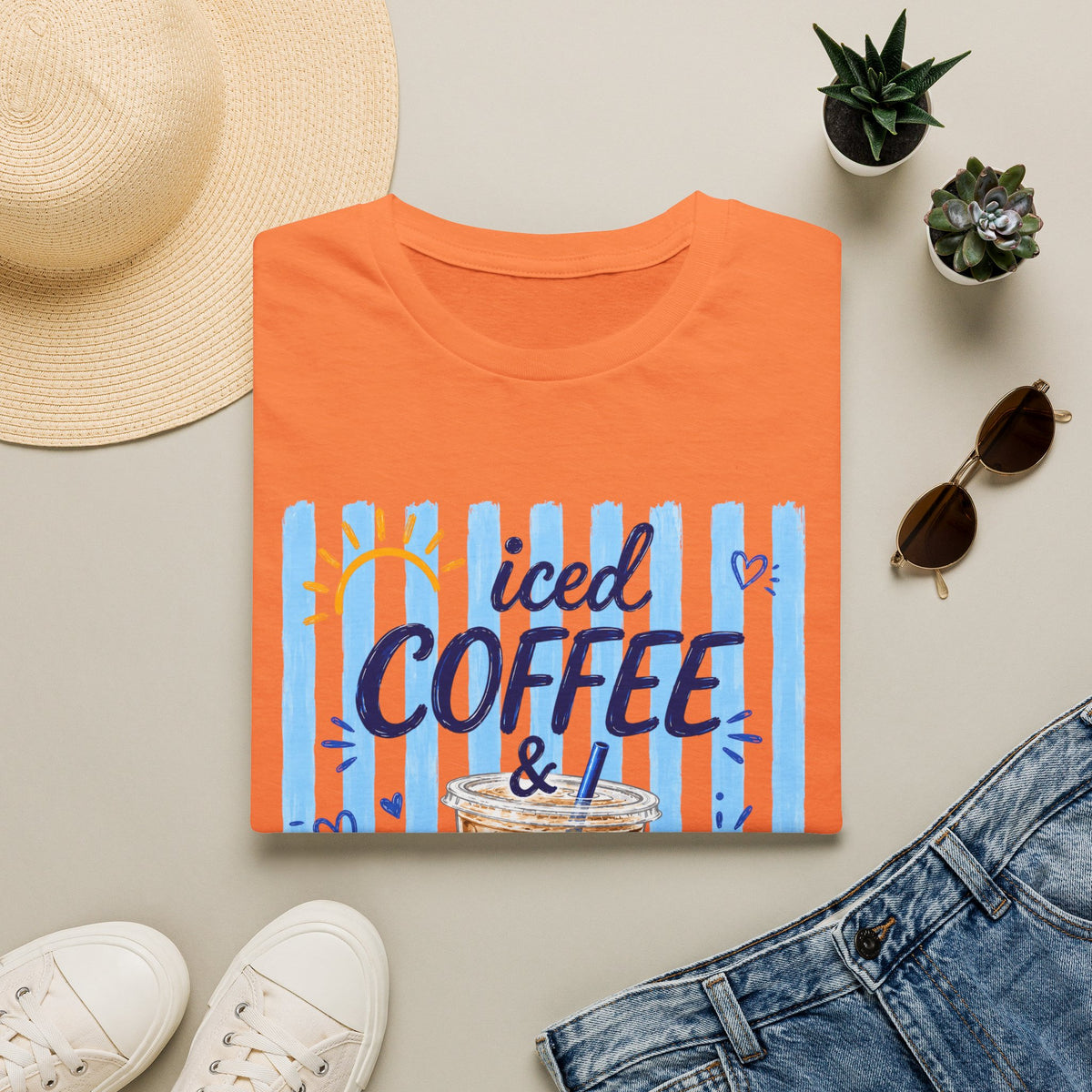 Iced Coffee & Sunshine T-Shirt — Cute Blue Striped Summer Tee