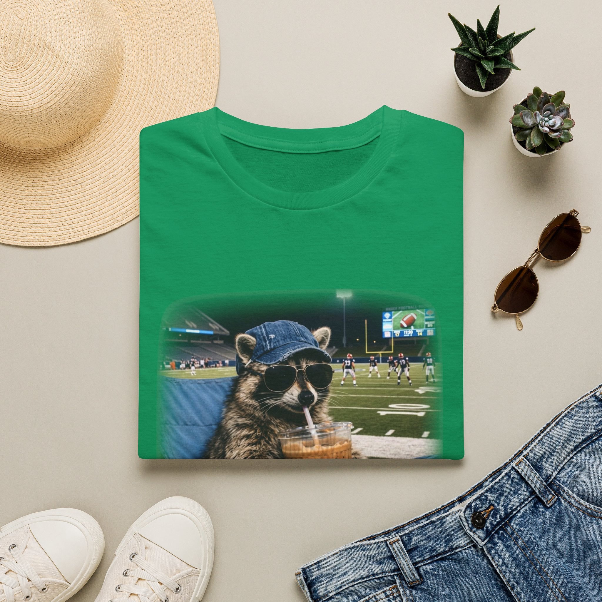 Raccoon Football Stadium Tee – "I Live Here Now" Graphic T-Shirt