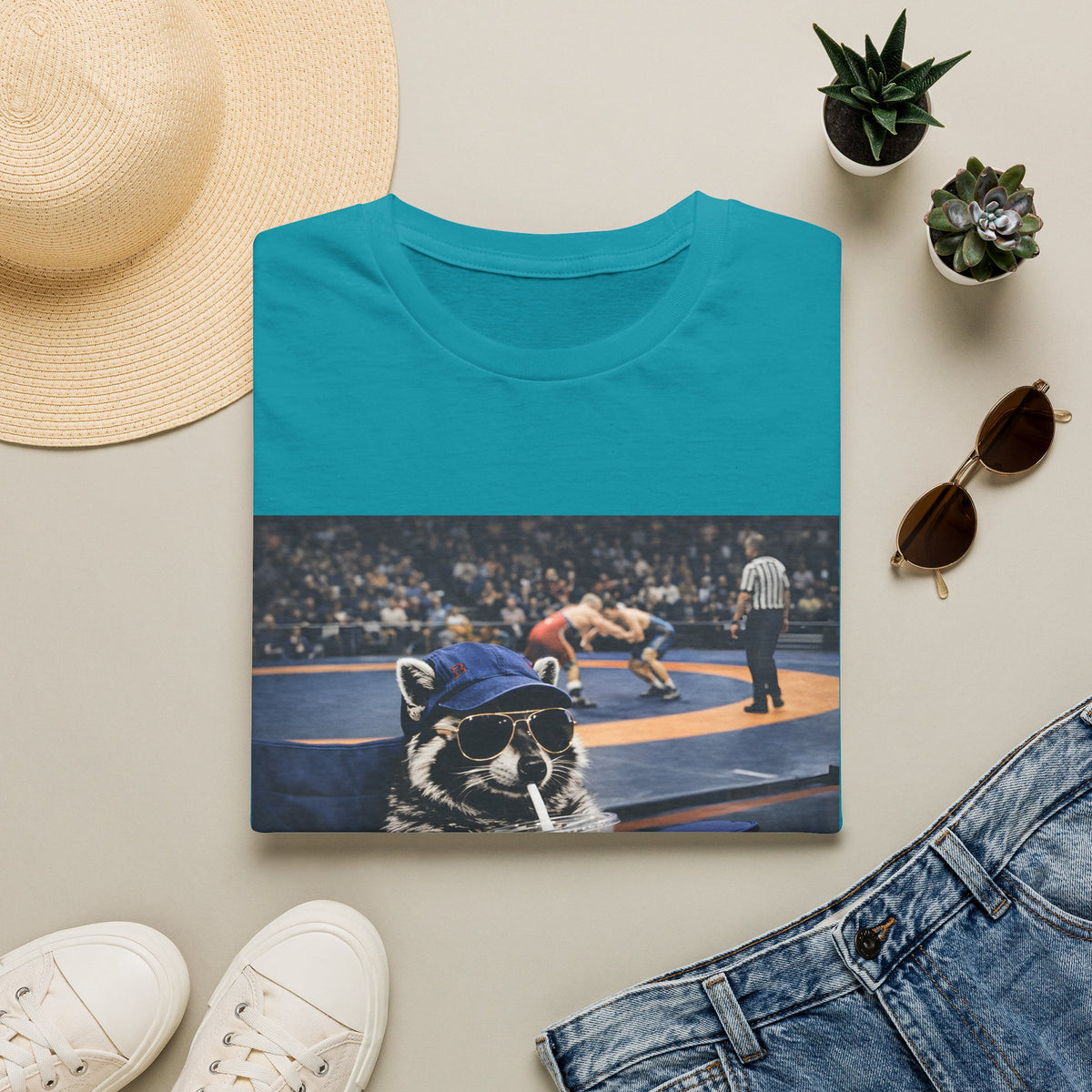Wrestling Raccoon T‑Shirt — 'I Live Here Now' Funny Sports Tee