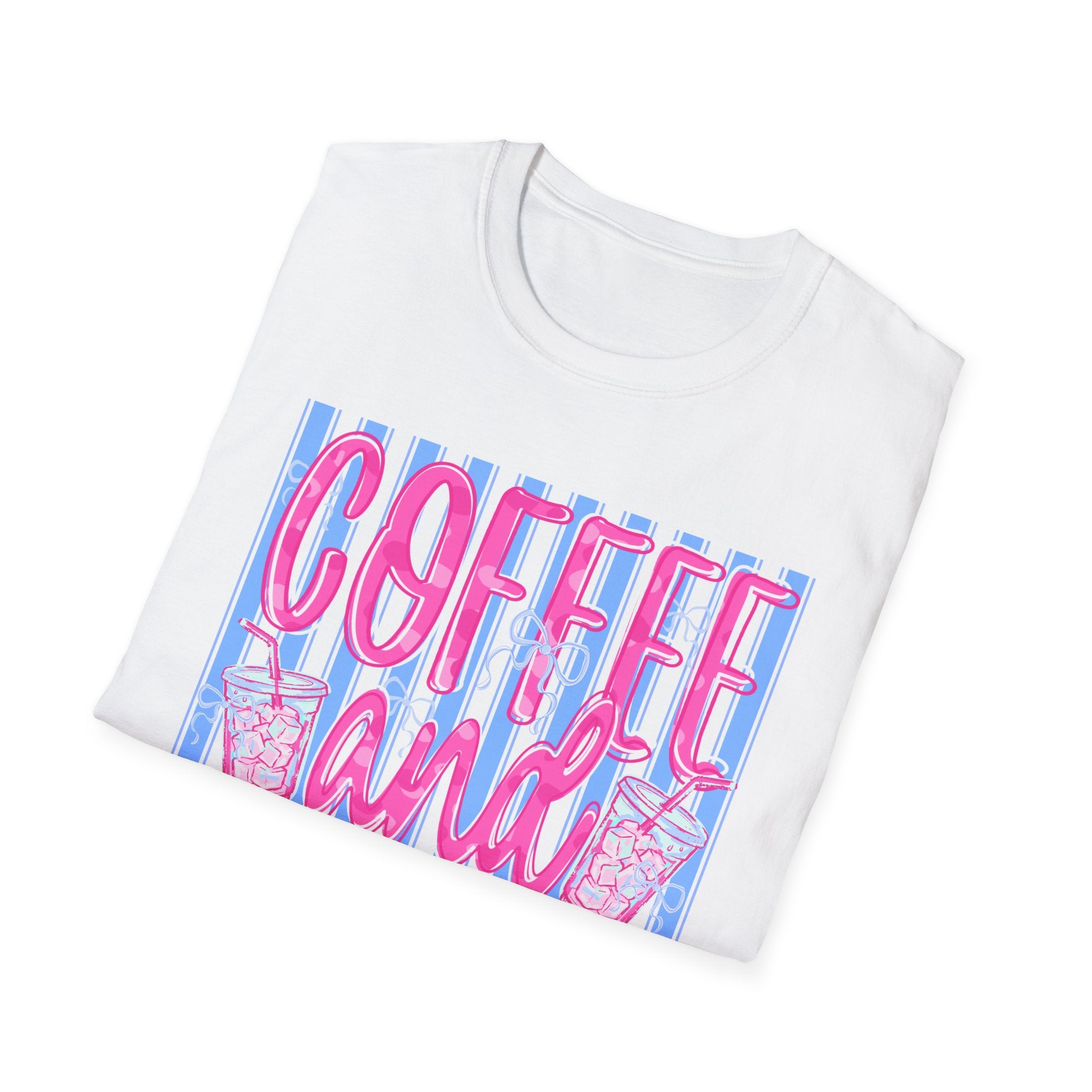 Coffee and Jesus T‑Shirt — Retro Pink & Blue Faith Graphic Tee