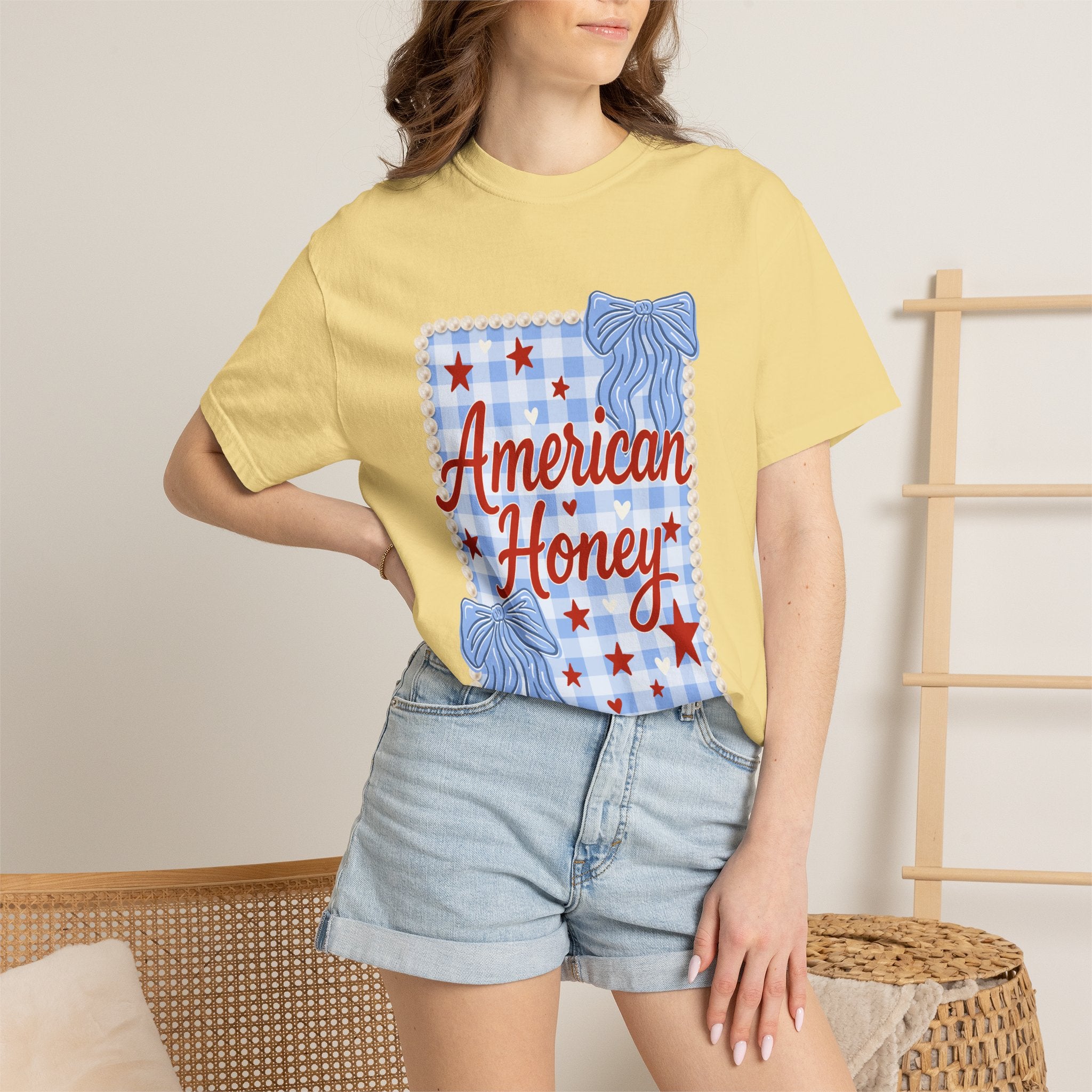 American Honey T-Shirt — Patriotic Gingham Graphic Tee